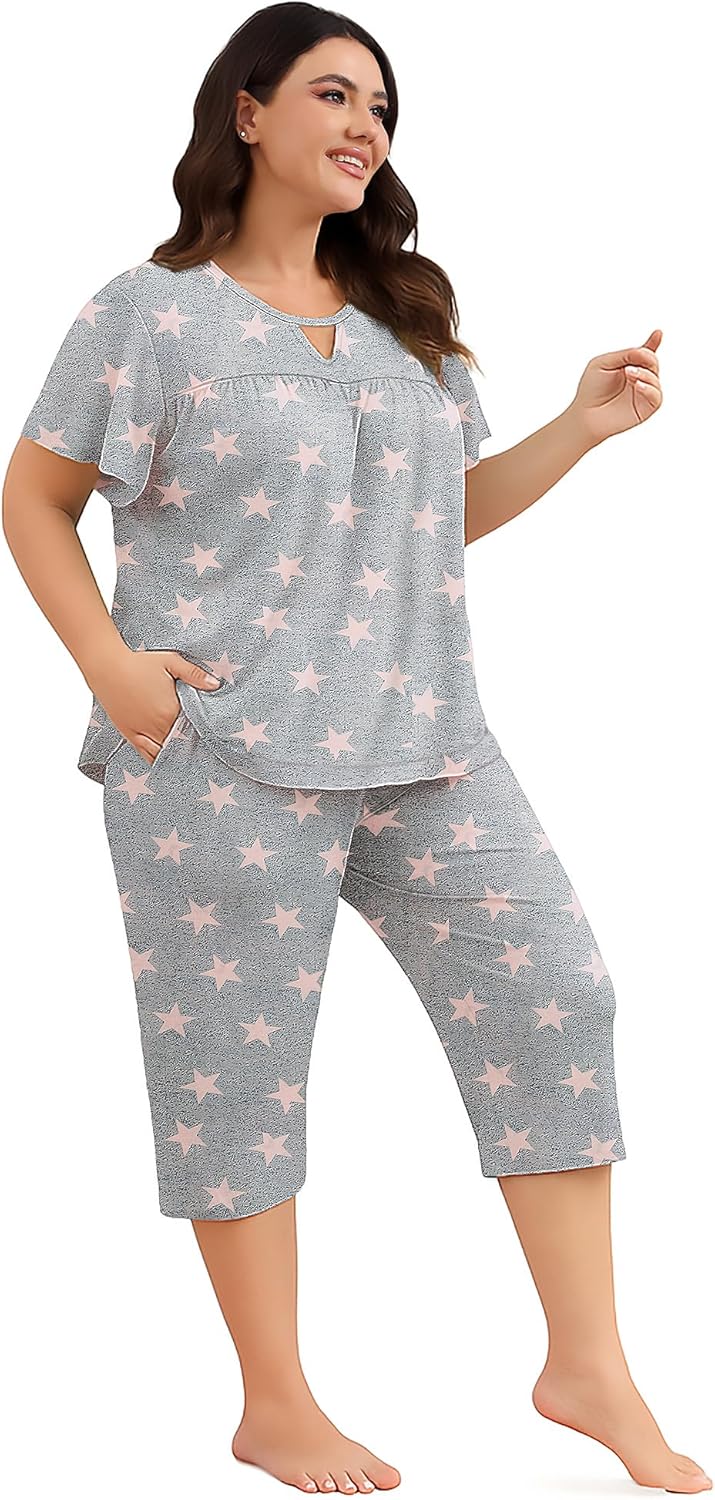 Heat Move Women’s Plus Size 2-Piece Pajama Set – Soft Short Sleeve Top & Capri Pant Sleepwear with Pockets, L-5XL - Image 2