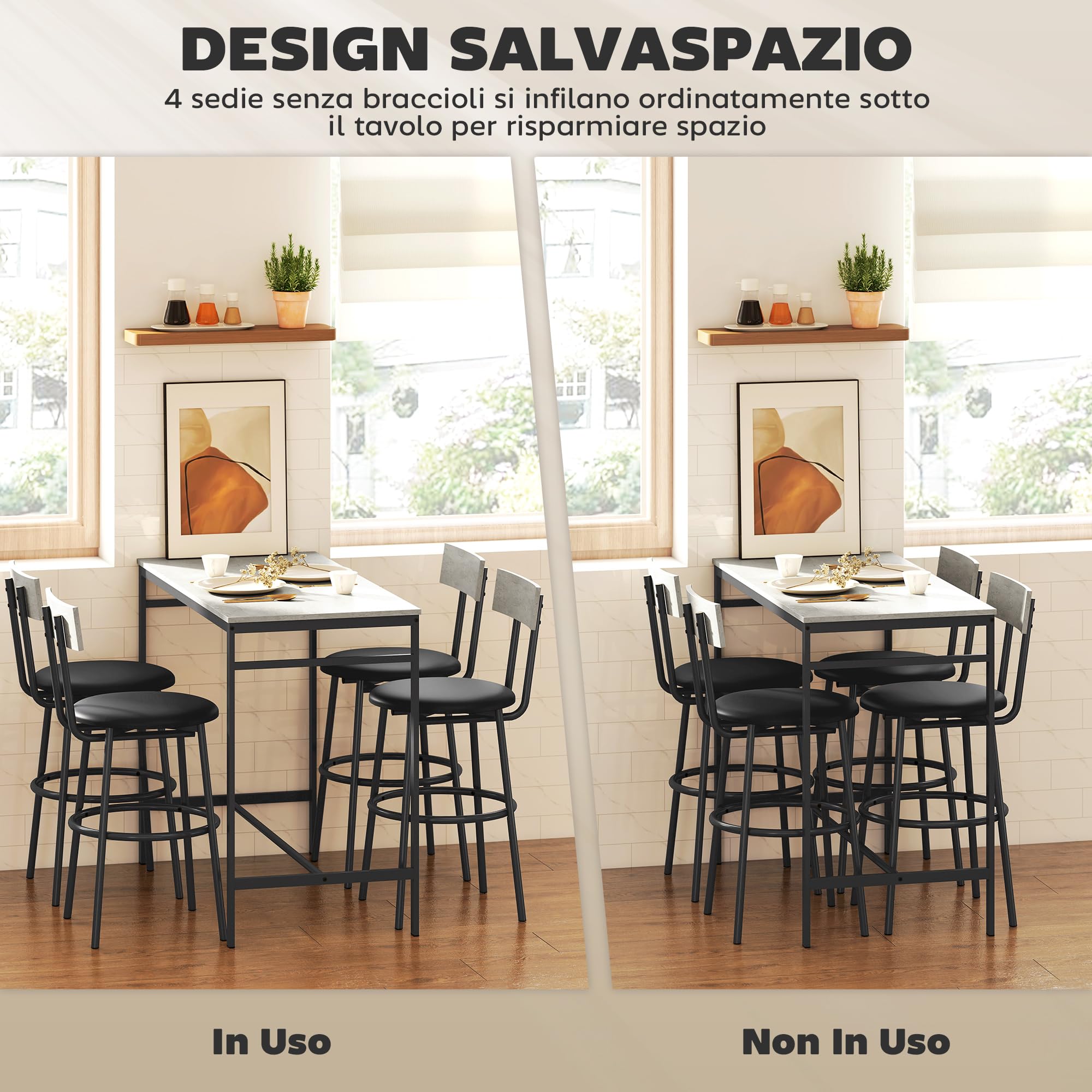 HOMCOM Set Tavolo Bar con 4 Sgabelli con Imbottitura Pelle PU, Bancone Bar e Sedie Cucina Salvaspazio con Gambe in Acciaio, Stile Moderno, Tavolo Alto con Sgabelli per Casa Pranzo Soggiorno, Grigio