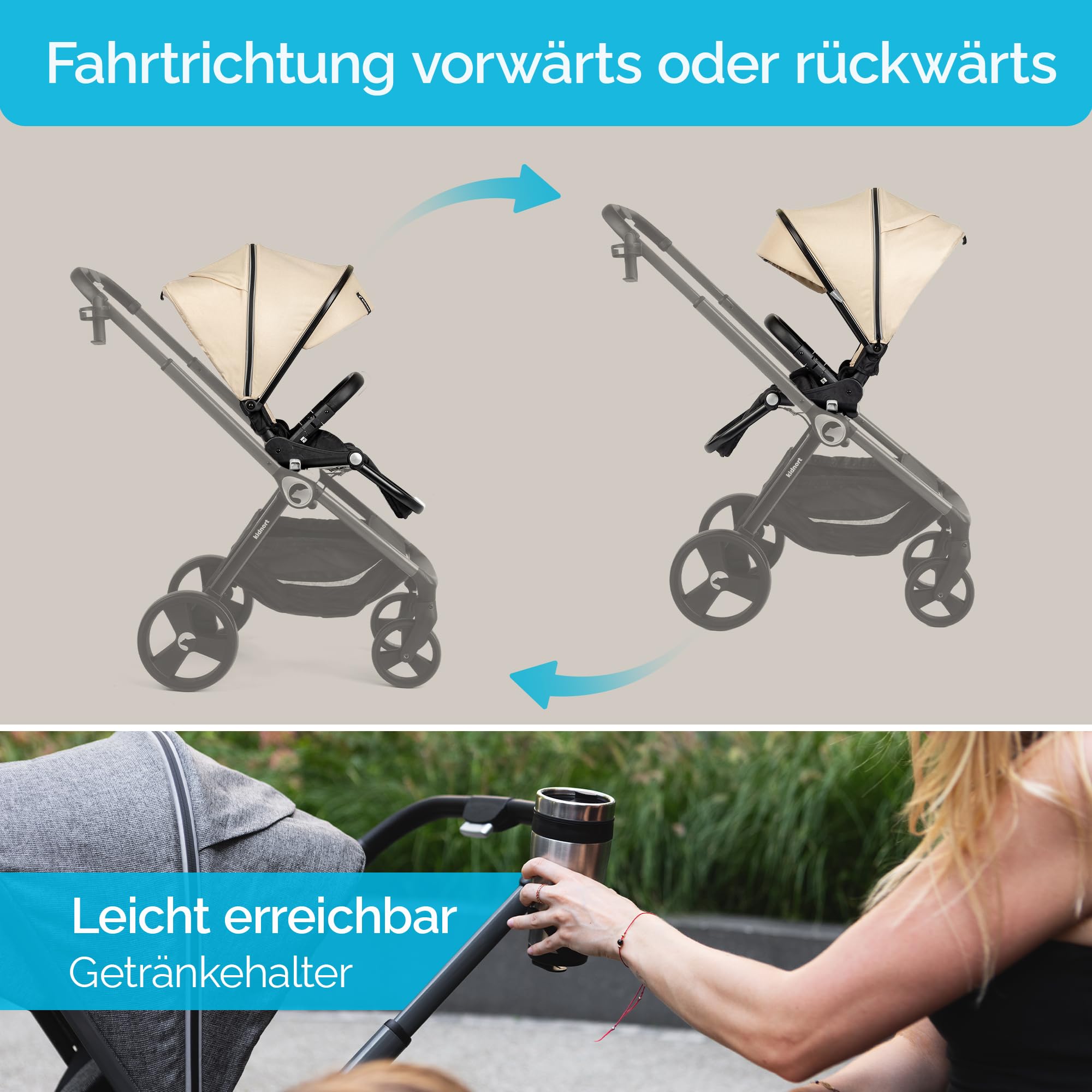 Isbjörn - Cochecito de bebé para niños de 0 a 22 kg, plegable con función reclinable, asiento convertible, ruedas grandes de EVA con suspensión en las 4 ruedas, respaldo ajustable beige