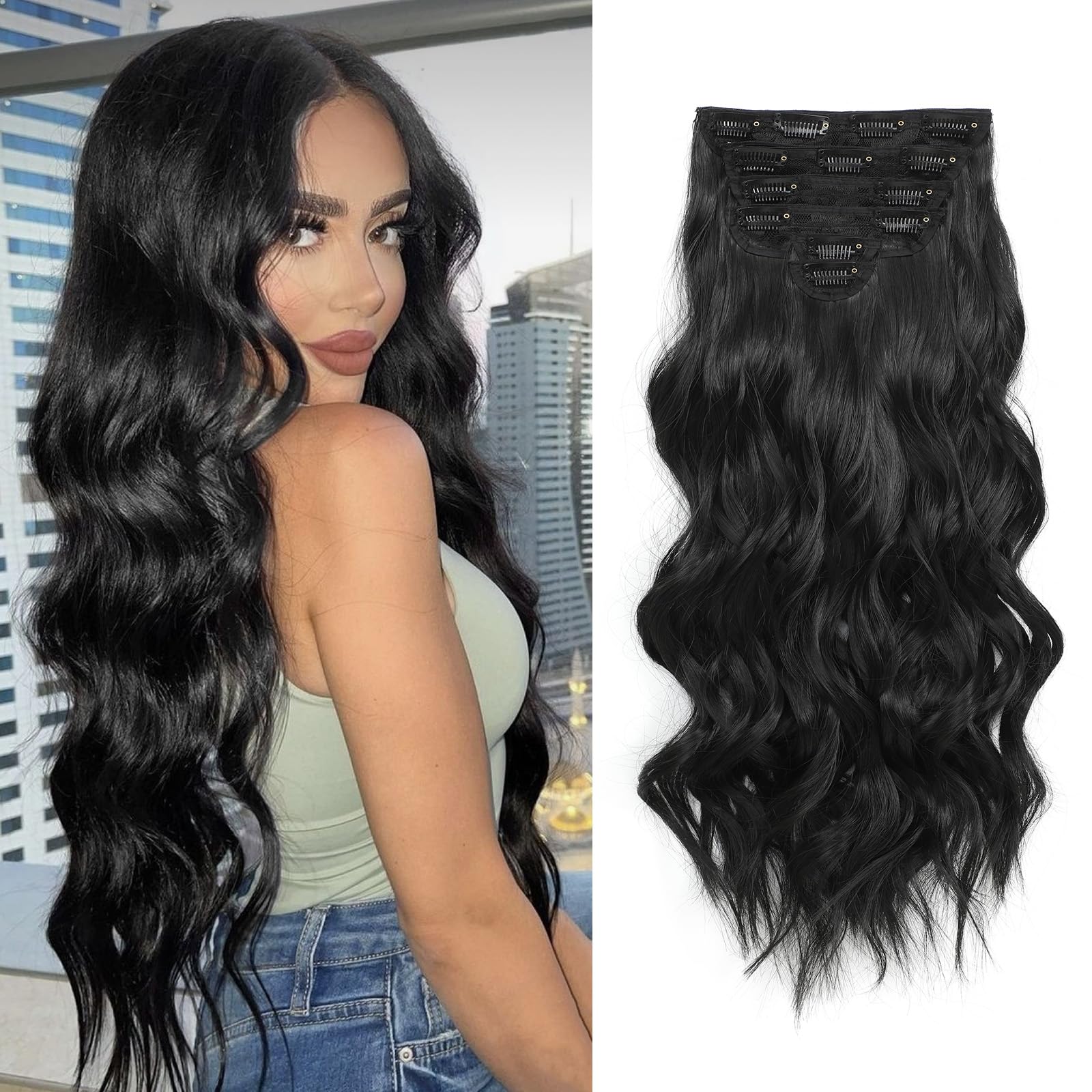 Clip in Black Hair Extensions for Women, 6 PCS Natural Black Hair Extensions, Thick Hairpieces Double Weft Wavy Hairpieces, Soft Hair & Blends Well, Long Wavy (20inch, 6pcs, Natural Black)