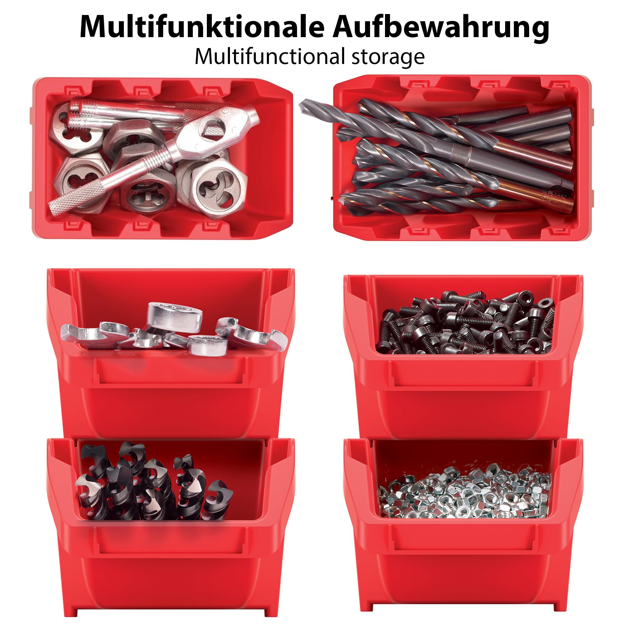 Lot de 5 boîtes empilables d'atelier en plastique PP - Boîtes de rangement pour mur à outils - Rouge - 39 x 24 cm