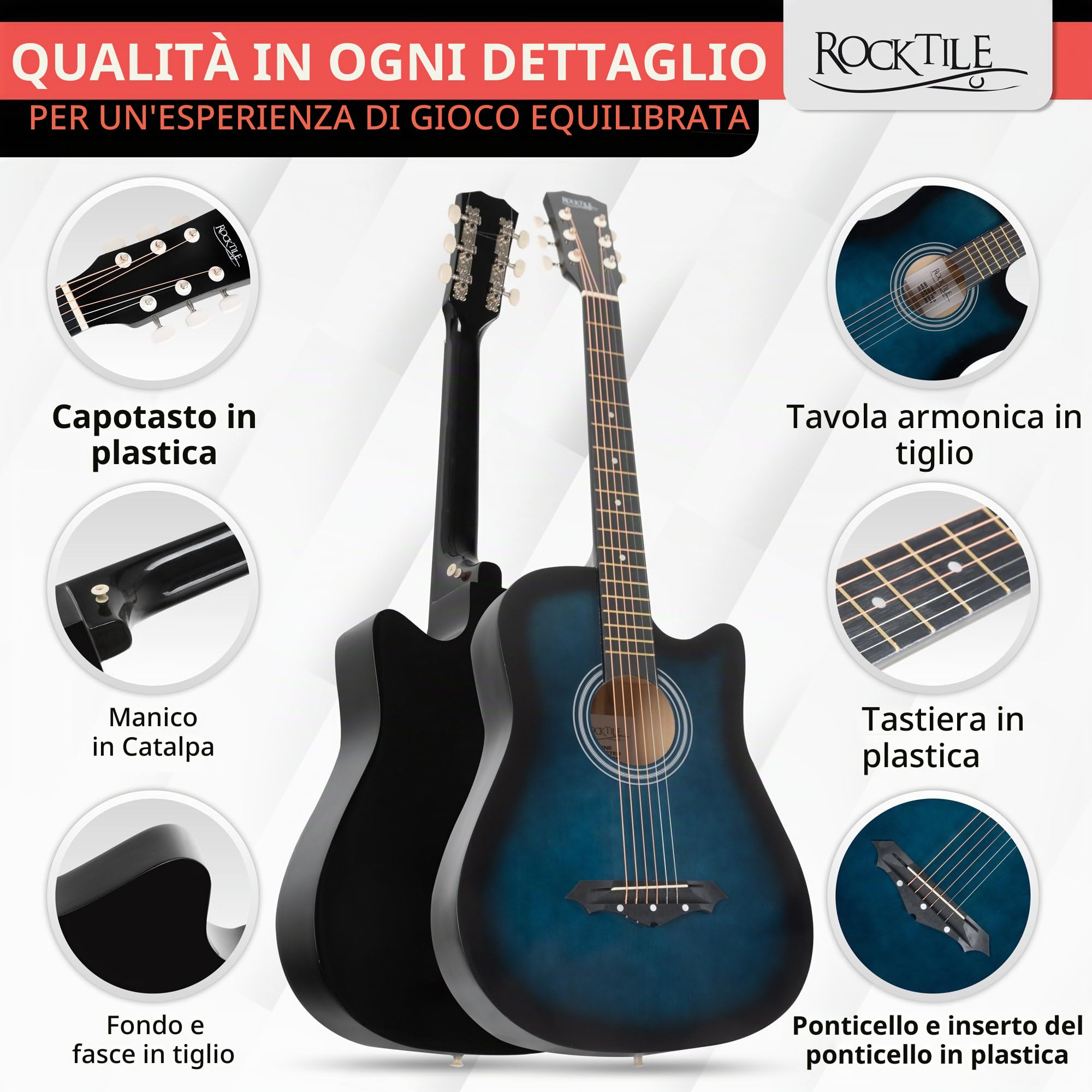 Rocktile WSD-5C-BUB Slim Line Set Chitarra Western Blueburst, Generale | Modello: WSD-5C-BUB, Peso: 1, 4 kg, Lunghezza totale: 95 cm, Numero di corde: 6, Orientamento: Destrimano, Corpo, Top: Tiglio