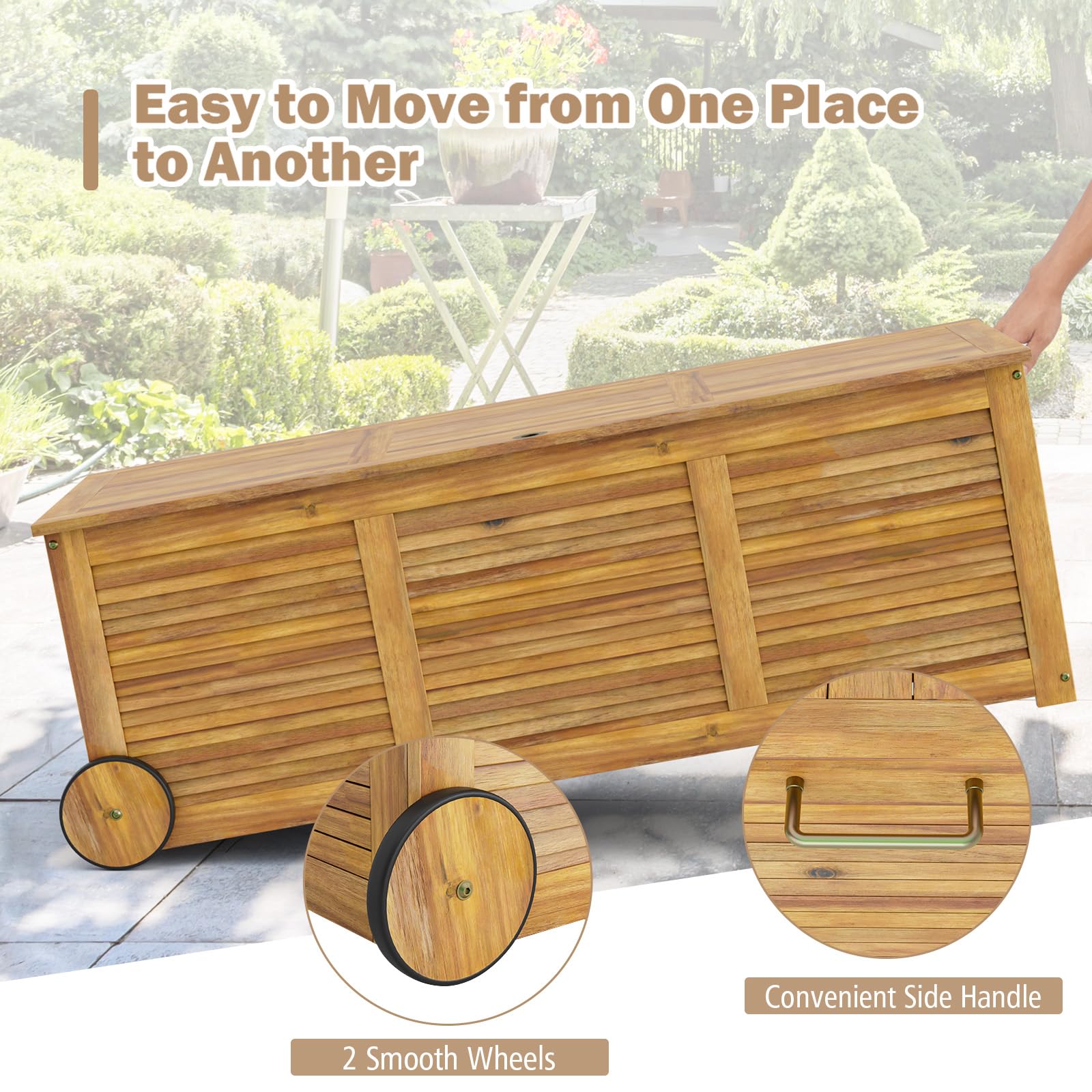 HOMASIS Auflagenbox 182L mit Rollen, Gartenbox aus Akazienholz, Kissenbox mit wasserdichte Innentasche, Gartenbox Gartentruhe mit Griff, Auflagentruhe 150 kg belastbar, Aufbewahrungstruhe Kissentruhe