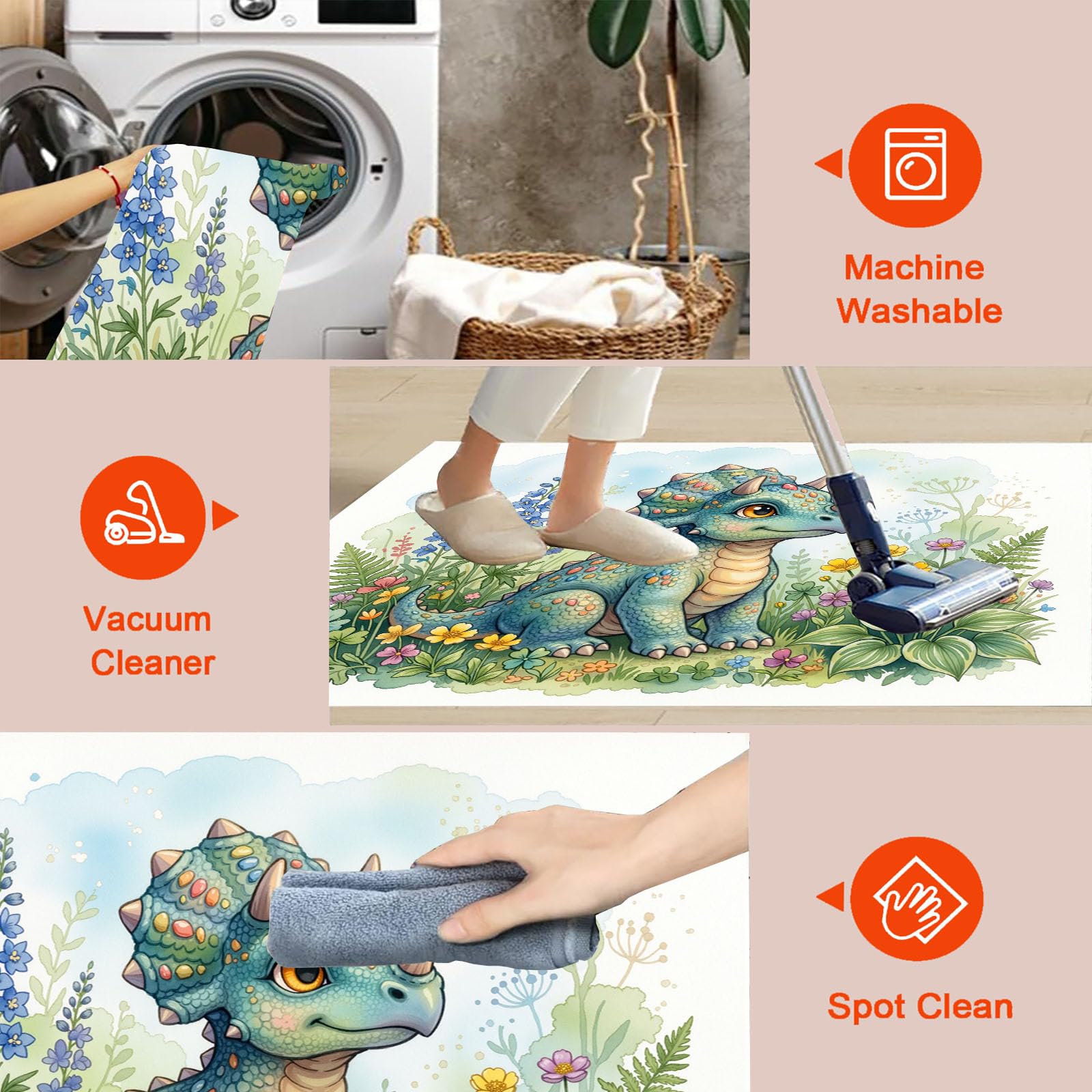 Tapis Salon Rond 100cm Parterre De Fleurs Tricératops Lavable | Antidérapant Poil Ras Tapis Rond Animaux Mignons À L'Aquarelle pour Chambre Salle a Manger Salon Décoration D'intérieur