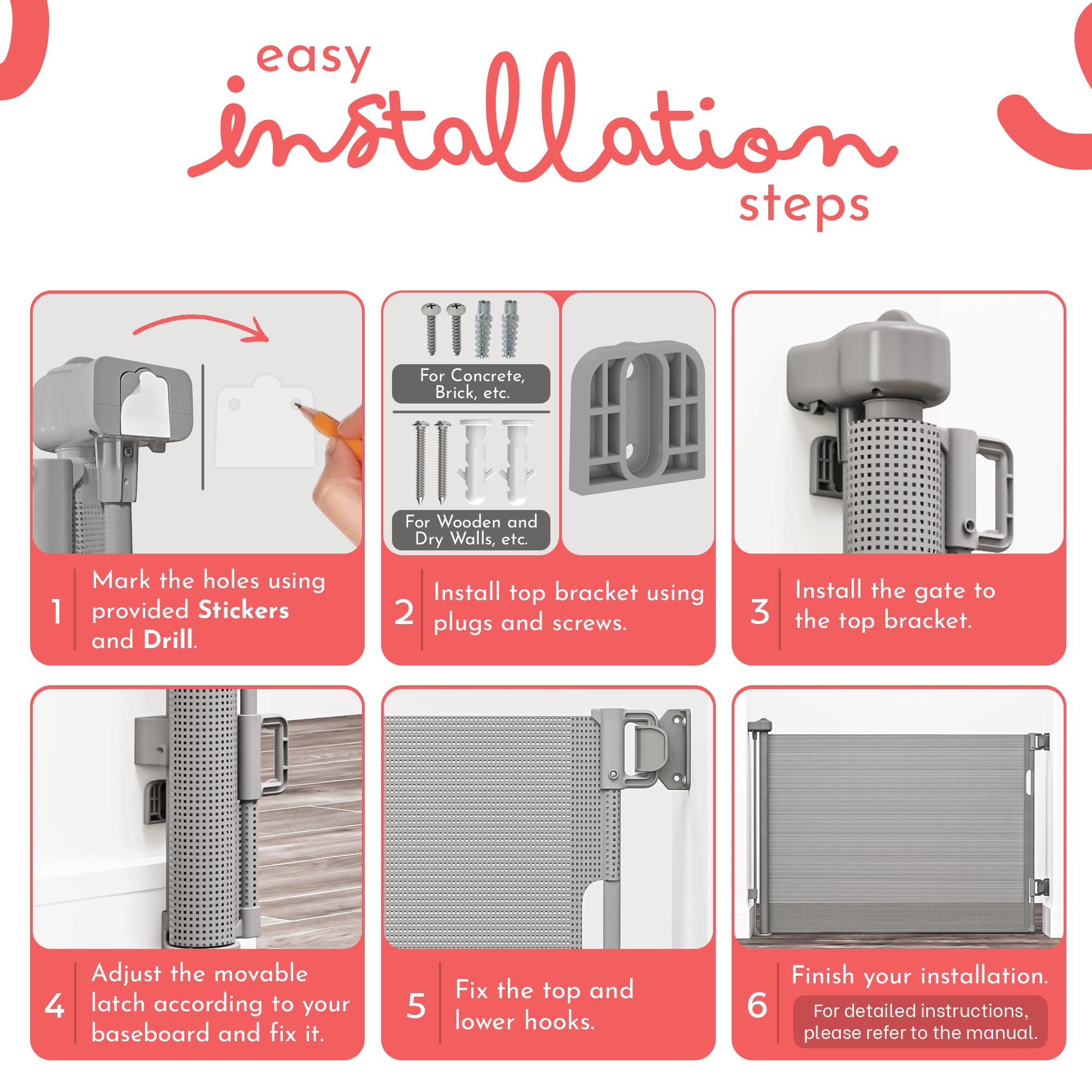 Dikots Grey Retractable Stair Gate for baby & Pet with secure 2-Step Lock, 180 cm wide & 86 cm tall extendable gate - Image 4