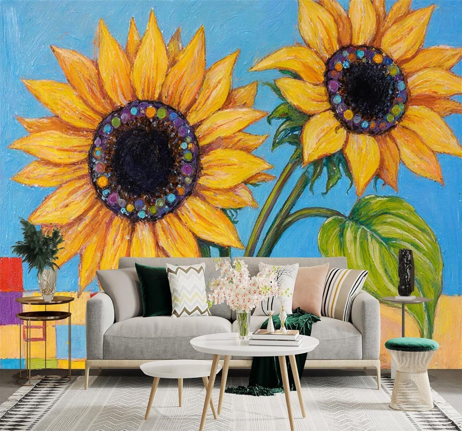 Xlming 350Cm×256Cm(B×H) Yellow Sunflowers Flower Pot Abstract Blue Sky 3D Wallpaper Silky Texture Home Study Office Grey Dining Room Sofa Bedroom Living Room Tv Backdrop-350Cm×256Cm