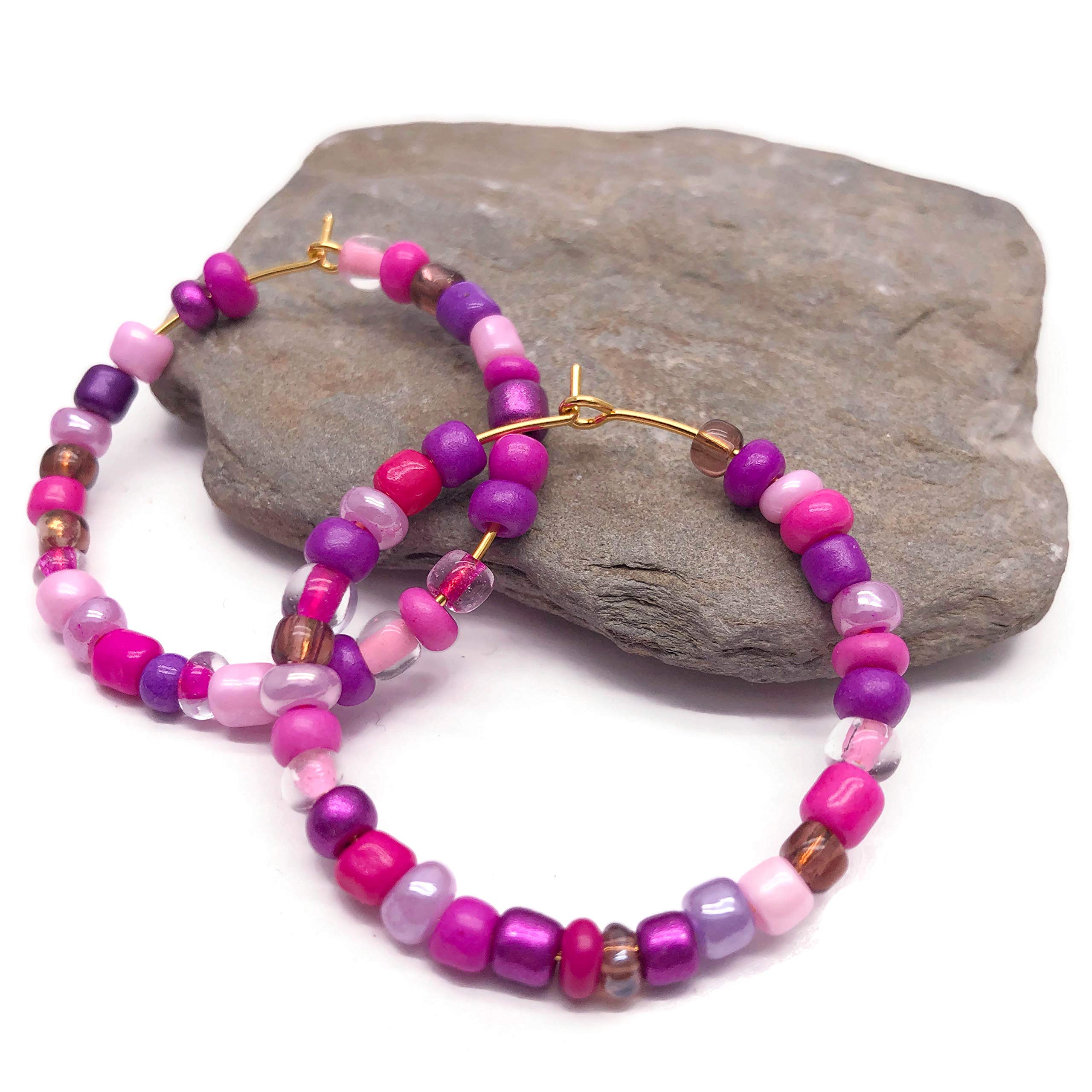 Vilda JewelleryPink and Purple Hoop Earrings, Glass Seed Bead Mix on Silver Tone Metal Hoops : 35mm Diameter, Colourful and Elegant Earring Gift for Women