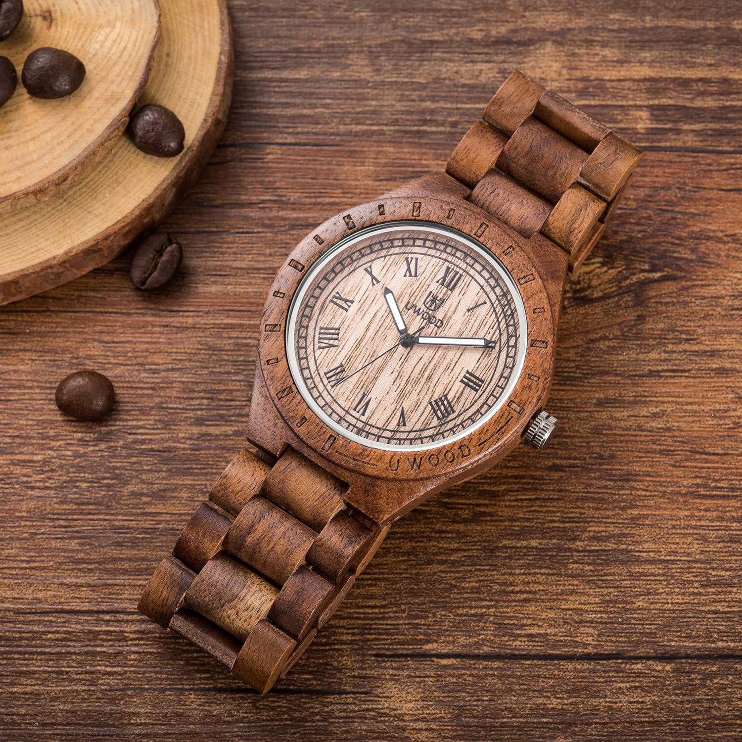 Orologio da Uomo in Legno di Sandalo - Unico, Leggero, Fatto a Mano - Serie Uwood - Analogico al Quarzo Vintage Con Numero Romano - Naturale