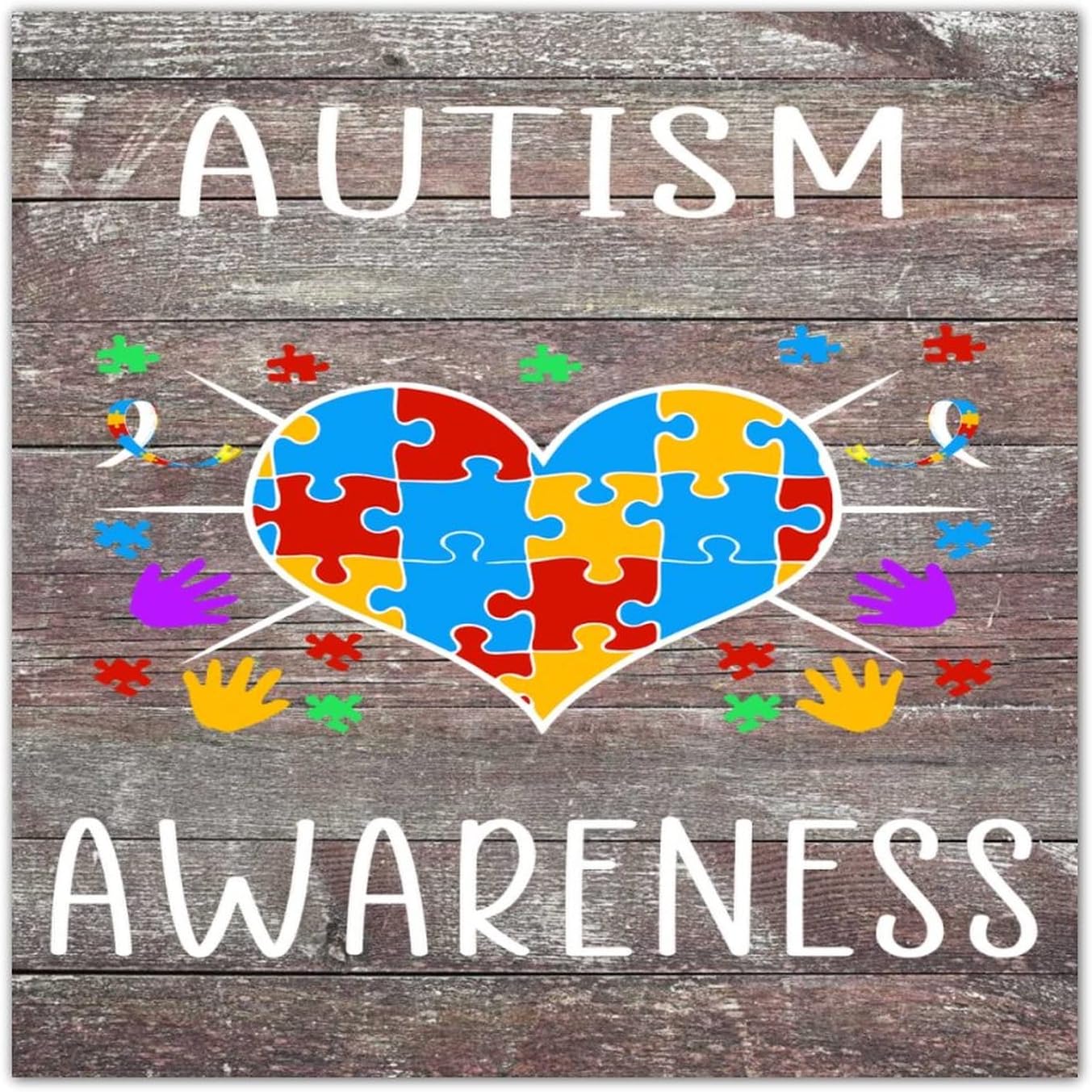 CustonCares Autism Awareness Puzzle Piece Wood Plank Hanging Sign Wall Art Decoration Personalized ASD Supporter Gift Watercolor Paint Signs Retro Wooden Signs for Bedroom Indoor Outdoor 16x16in