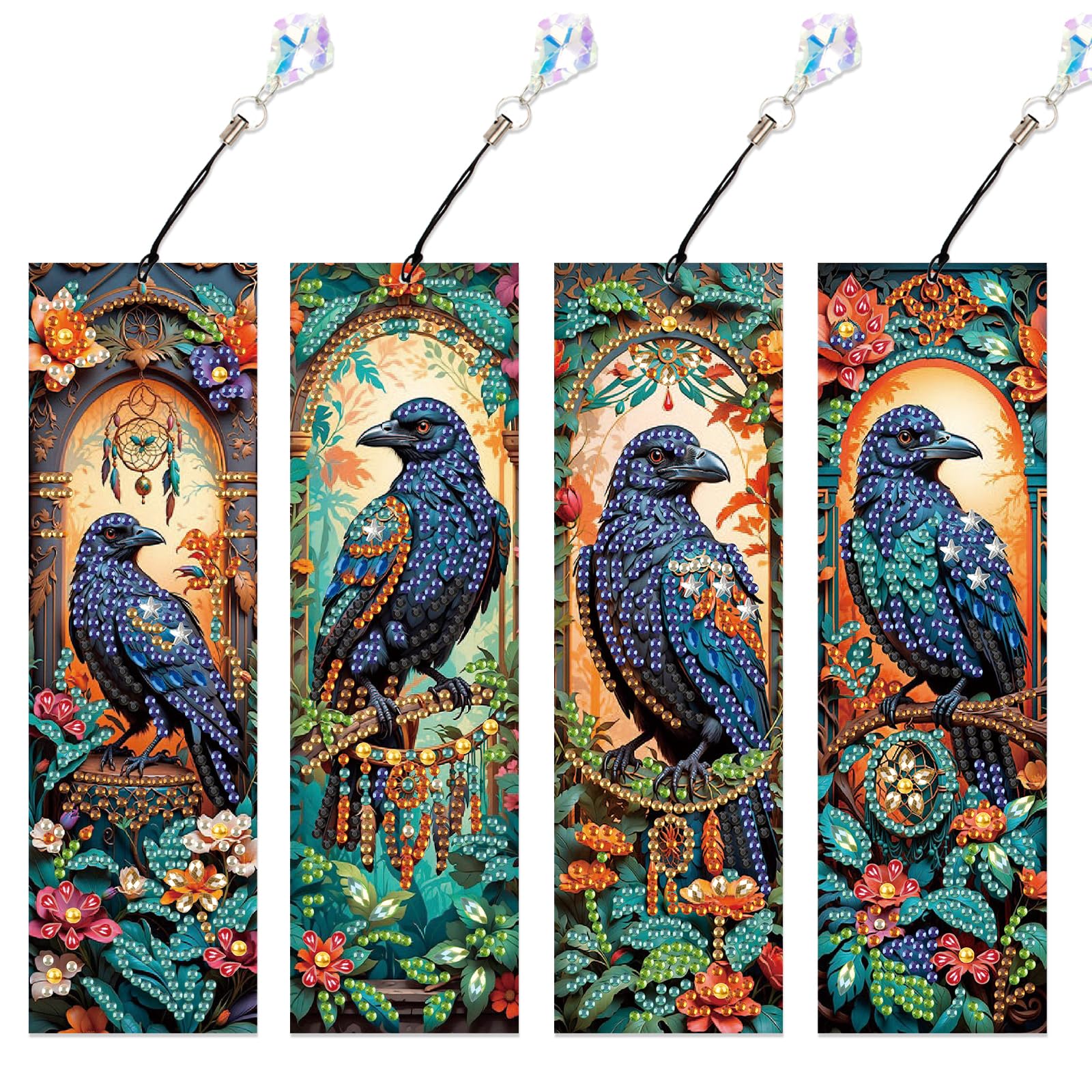 4-Piece Diamond Painting Bookmarks Set for Adults – DIY 5D Rhinestone Art Bookmarks with Tassels, Crow Design Diamond Art Bookmarks for Crafts and Gifts, Ideal Gift for Book Lovers