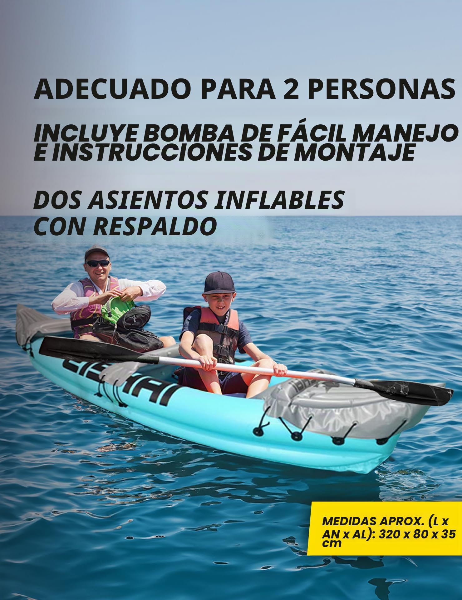 Kayak hinchable Flow para 2 personas, material de PVC resistente, incluye dos remos, bomba, kit de reparación e instrucciones de montaje, perfecto para lagos y ríos