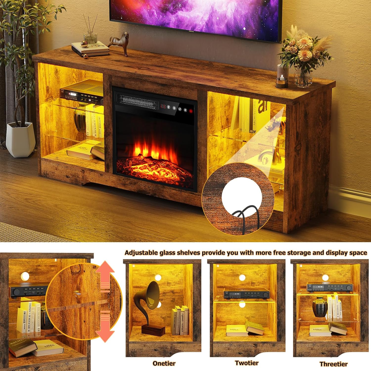 Close-up of adjustable glass shelves in the TV stand