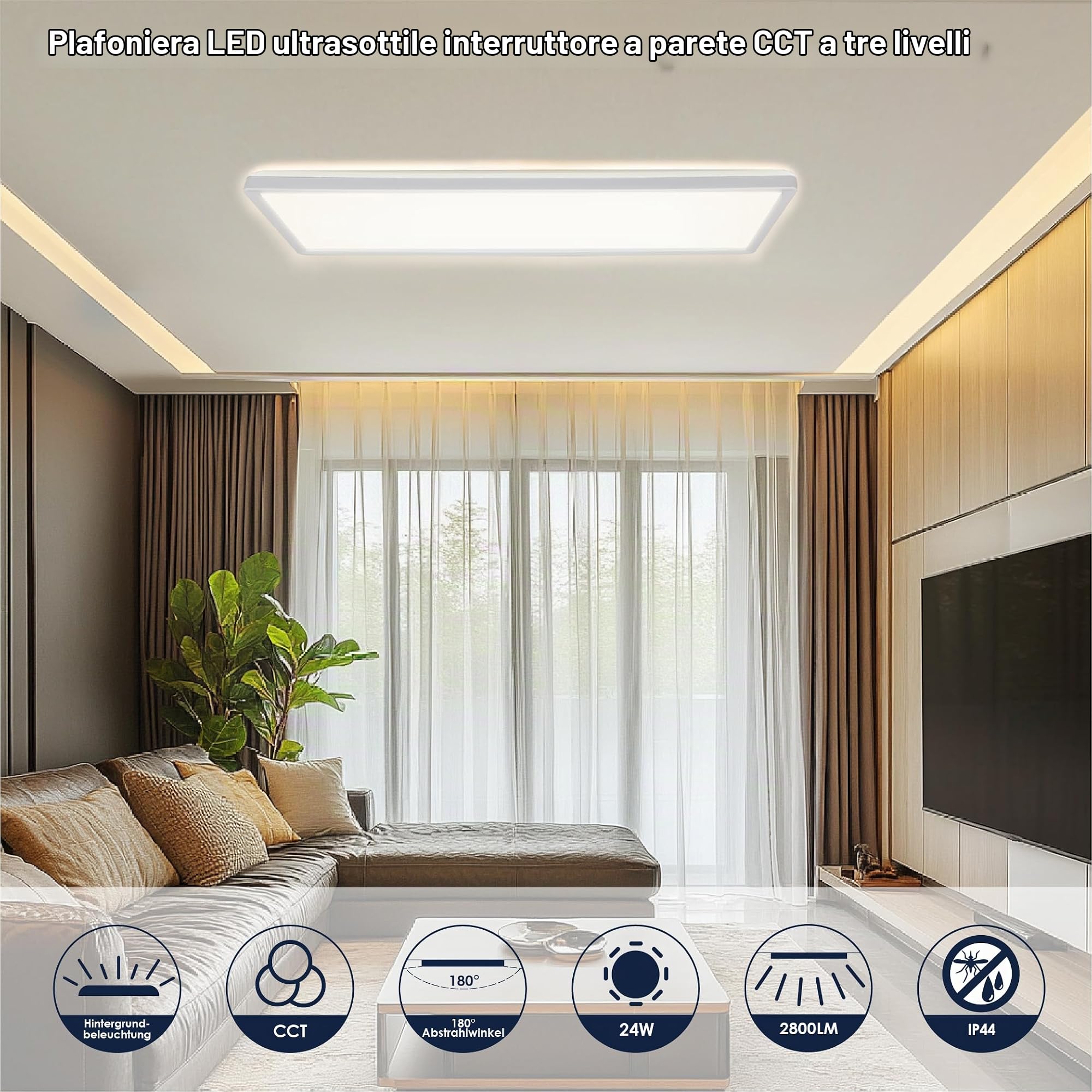 BestLuz Lampada da soffitto a LED, a tre livelli, CCT, 3000 K/4000 K/6500 K, 58 x 20 cm, 24 W, 3000 lm, IP44, con effetto retroilluminazione, pannello LED per soggiorno, cucina, bagno, ultra sottile