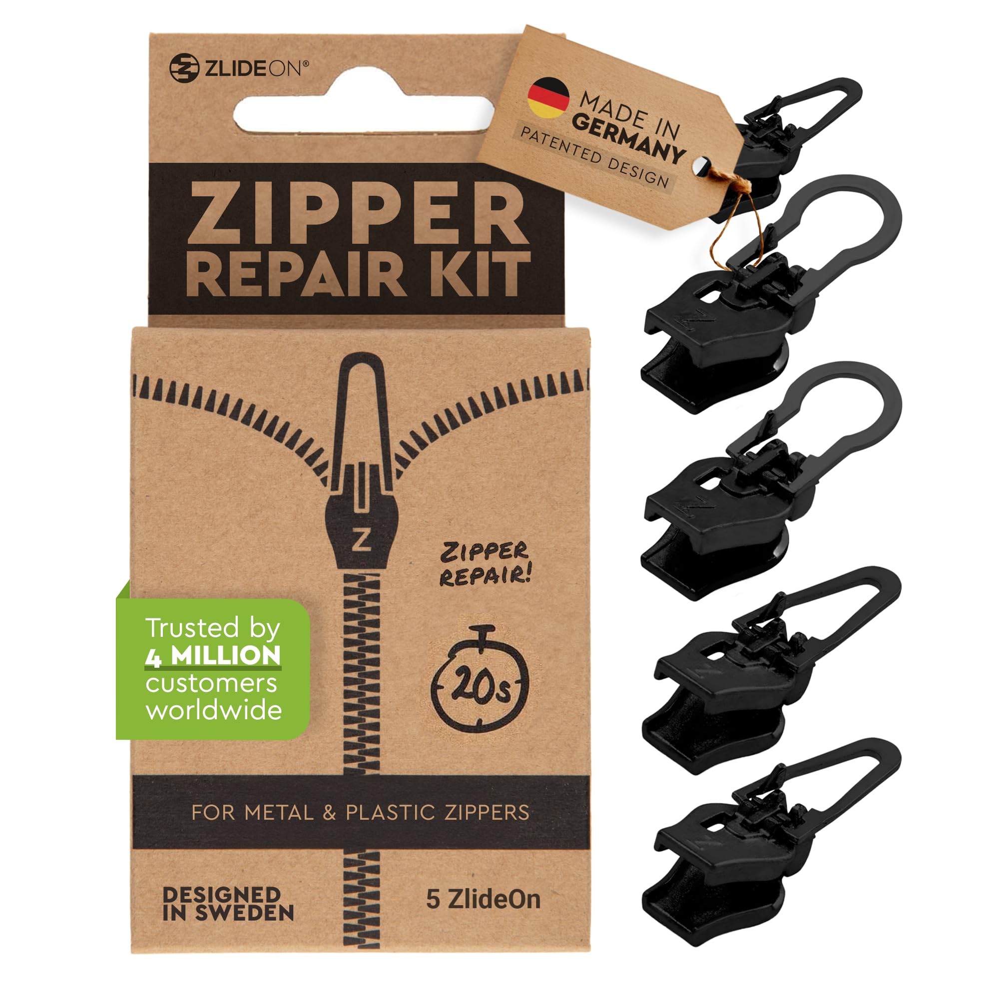 Zlideon Universal Zipper Repair Kit for Plastic & Metal Zippers Multipack - 5pcs, Black | Instant Zipper Pull Replacement Slider for Denim, Jacket, Winter Coat | Easy to Install | Made in Germany