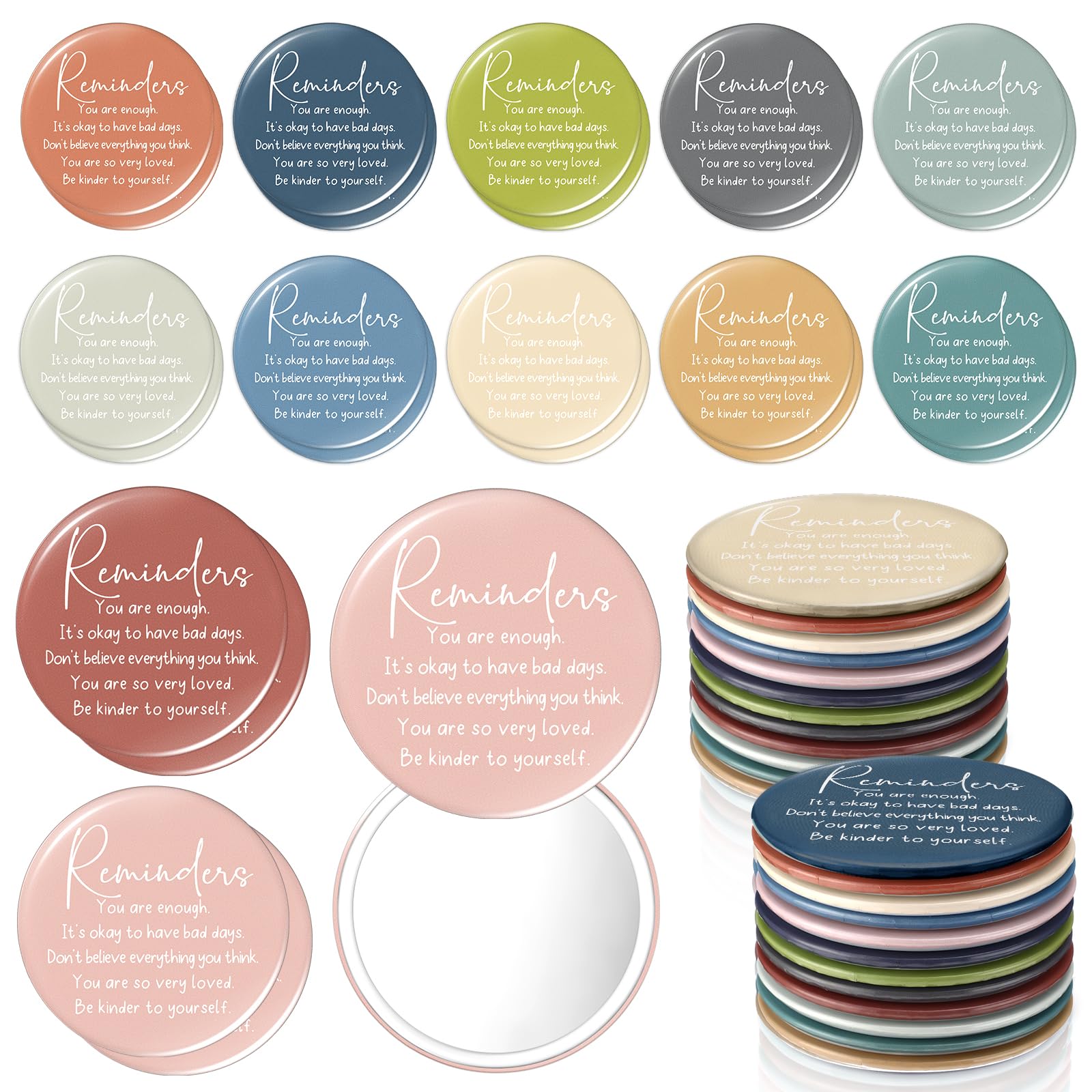 DoubleFill 24 Pcs Mental Health Awareness Gifts Bulk Therapists Colored Compact Pocket Mirrors Positive Affirmation Gifts for Women Ladies Teacher