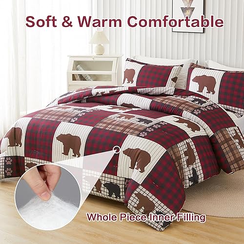 Miniatura 6 de Andency Juego de edredón de oso de retazos a cuadros, tamaño individual (66 x 90 pulgadas), 3 piezas (1 edredón caqui y 2 fundas de almohada),