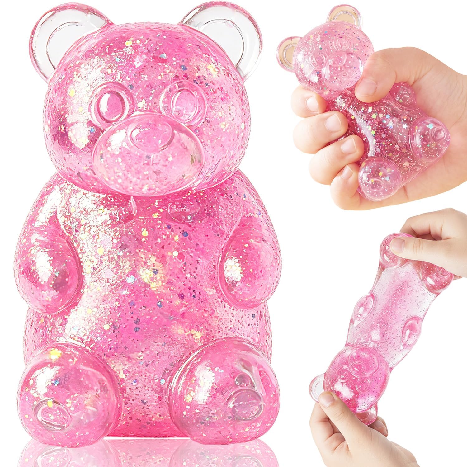 Glitter Bear Squishy Toys, Squishy Stress Balls Squeeze Toys, Sugar Squishy Slow Rising Fidget Toys for Adults Kids Stress Anxiety Relief, Autism ADHD Office, Birthday Gifts Party Favors
