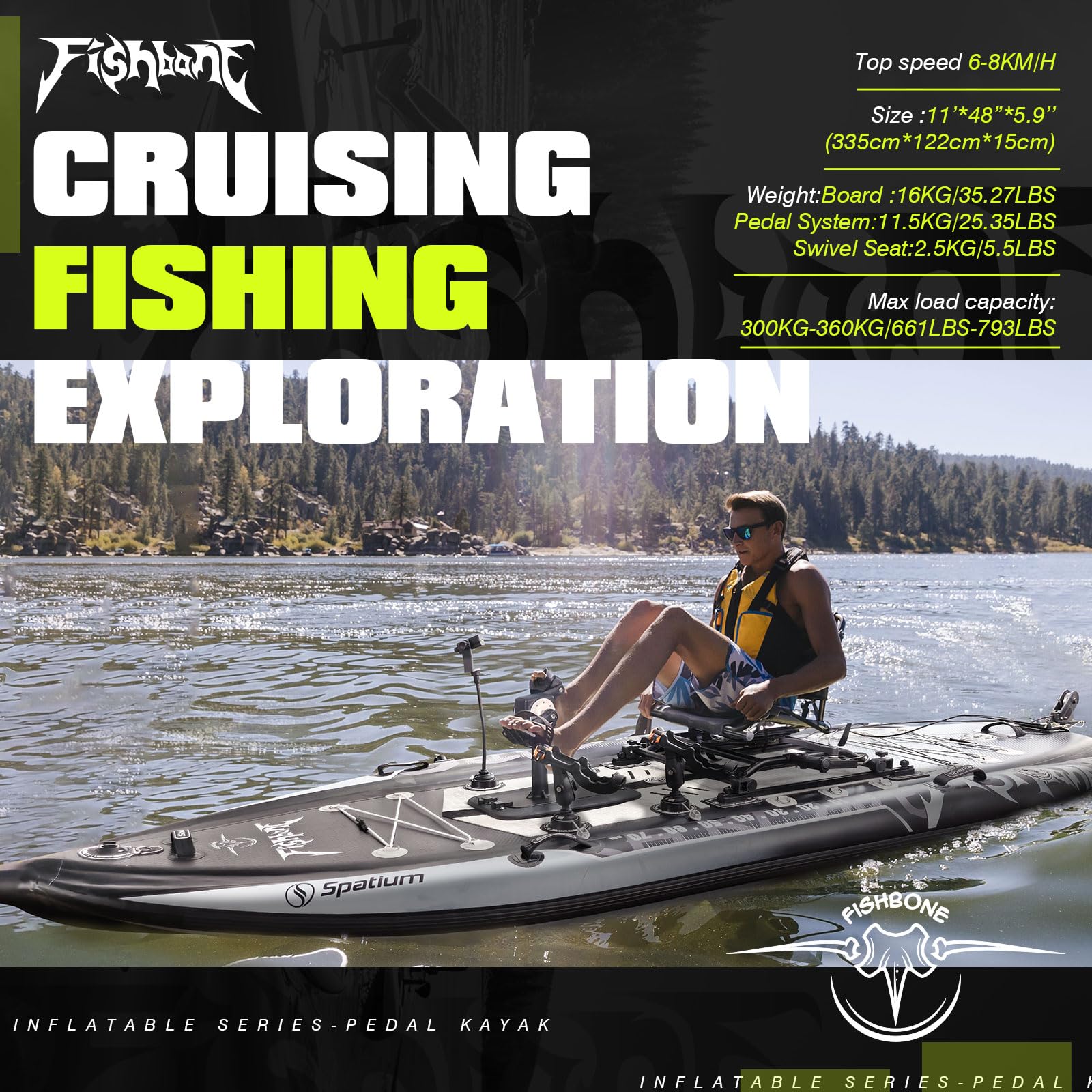 Spatium Kayak de pêche à pédale assis-dessus avec siège rotatif à 360° extra large pour adultes adapté aux rivières, océans, lacs