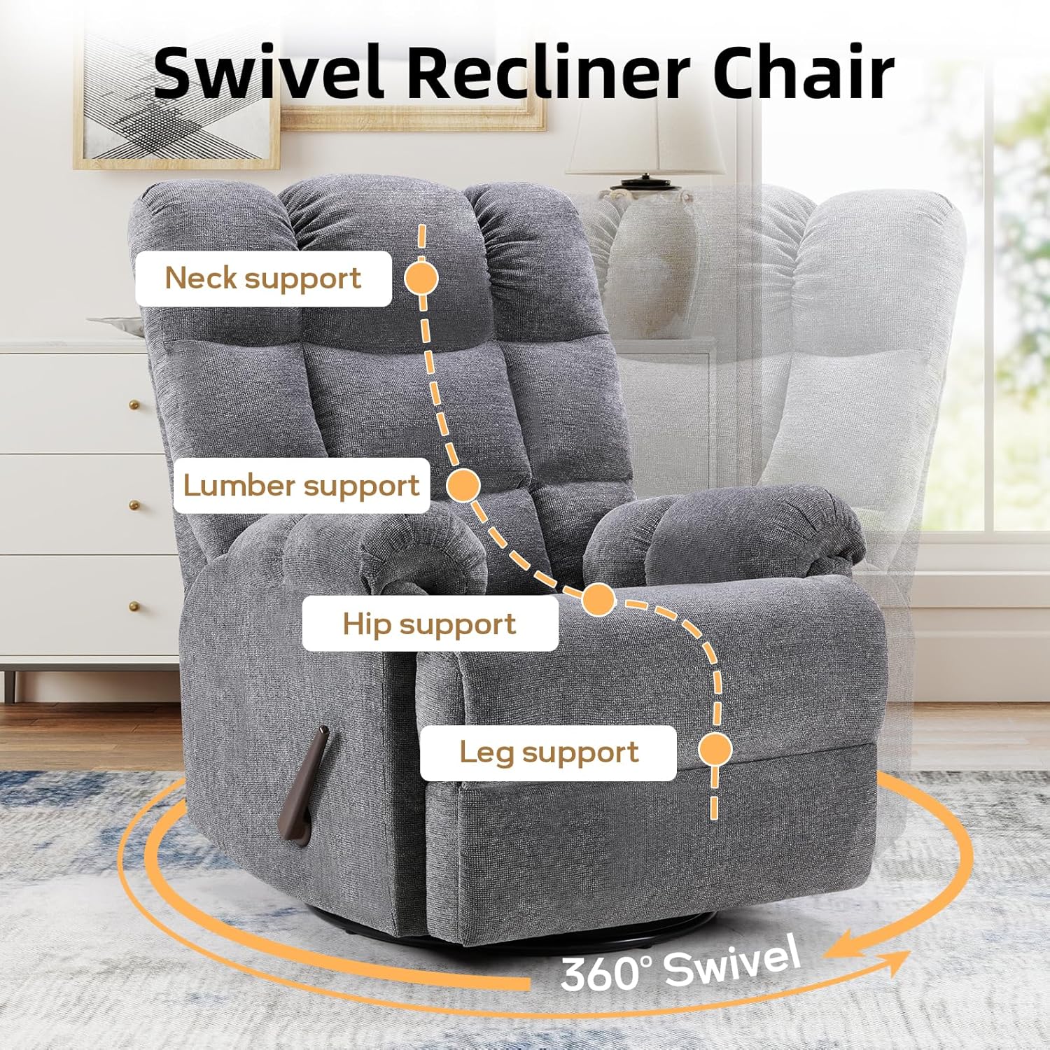 CANMOV Swivel Rocker Recliner for Adults, Glider Rocking Reclining Chair for Nursery, Manual Recliner Chair with Overstuffed Back and Arms for Living Room Bedroom Nursery, Grey