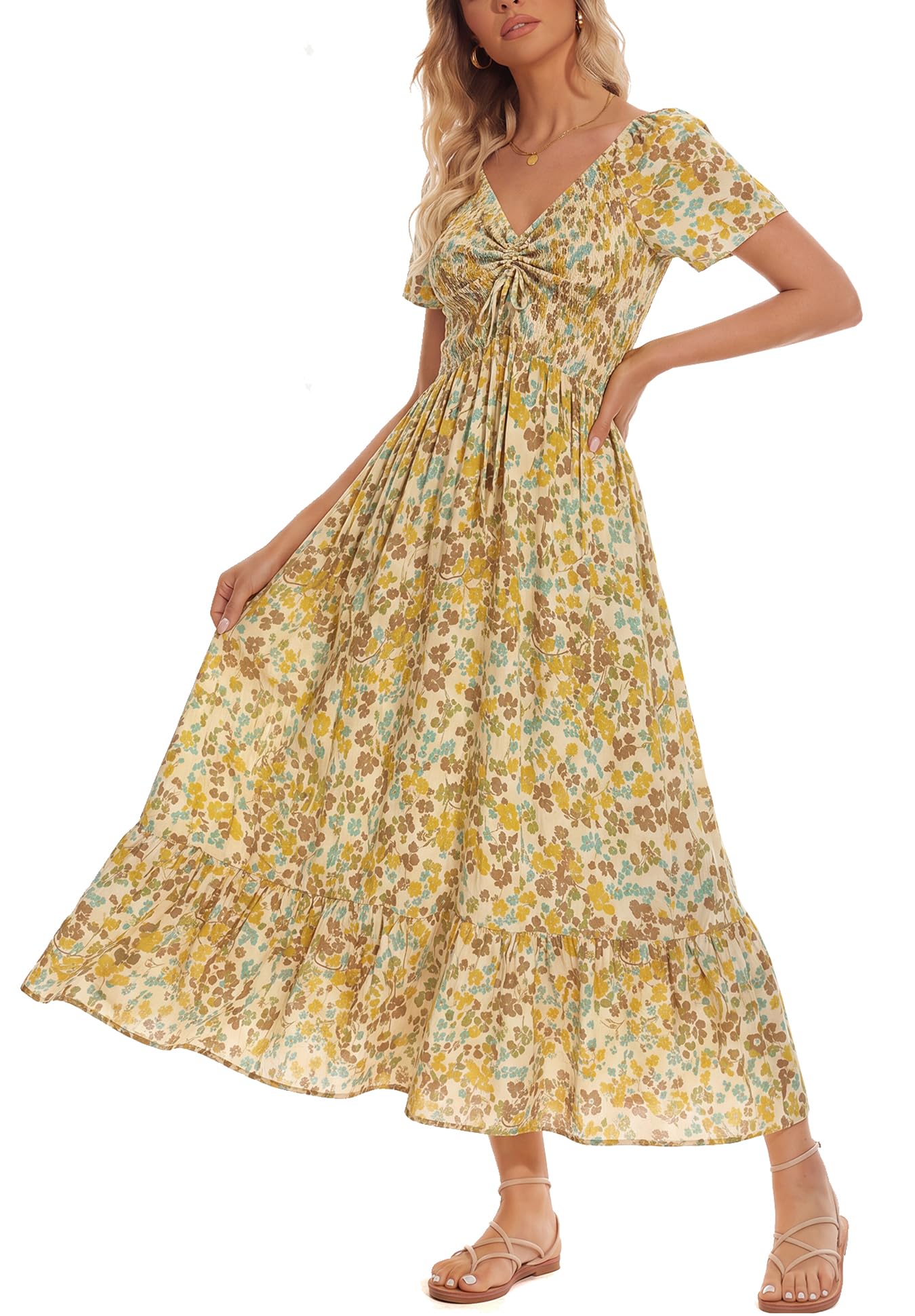 Summer Floral Smocked Maxi Dress for Women 2026 Casual Flowy Tiered A Line Boho Beach Party Long Dresses with Short Sleeve