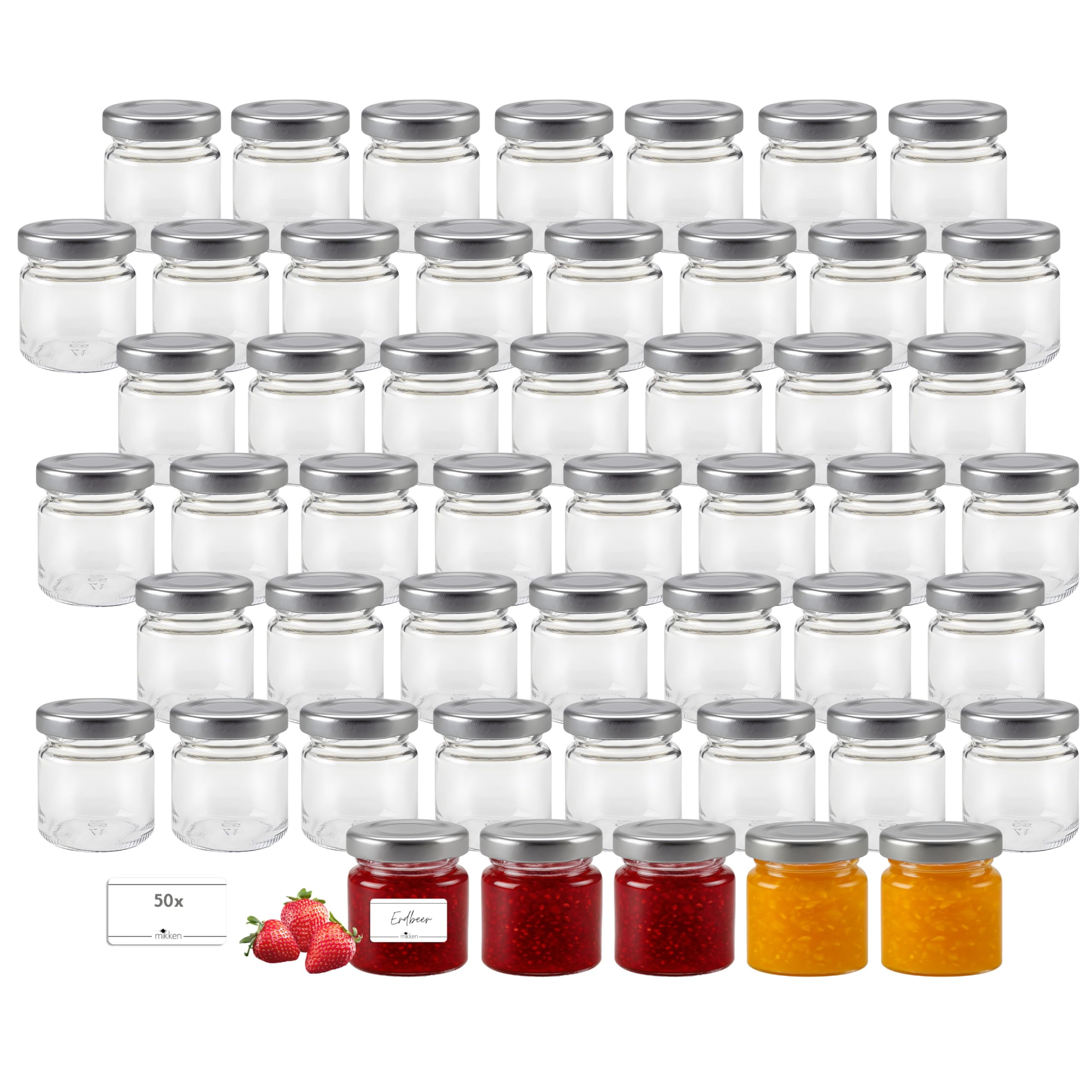 mikken 50 mini vasetti per marmellata da 53 ml, con coperchio argentato, con etichette, piccoli barattoli per marmellata, miele, regali, artigianato e conservazione (50)