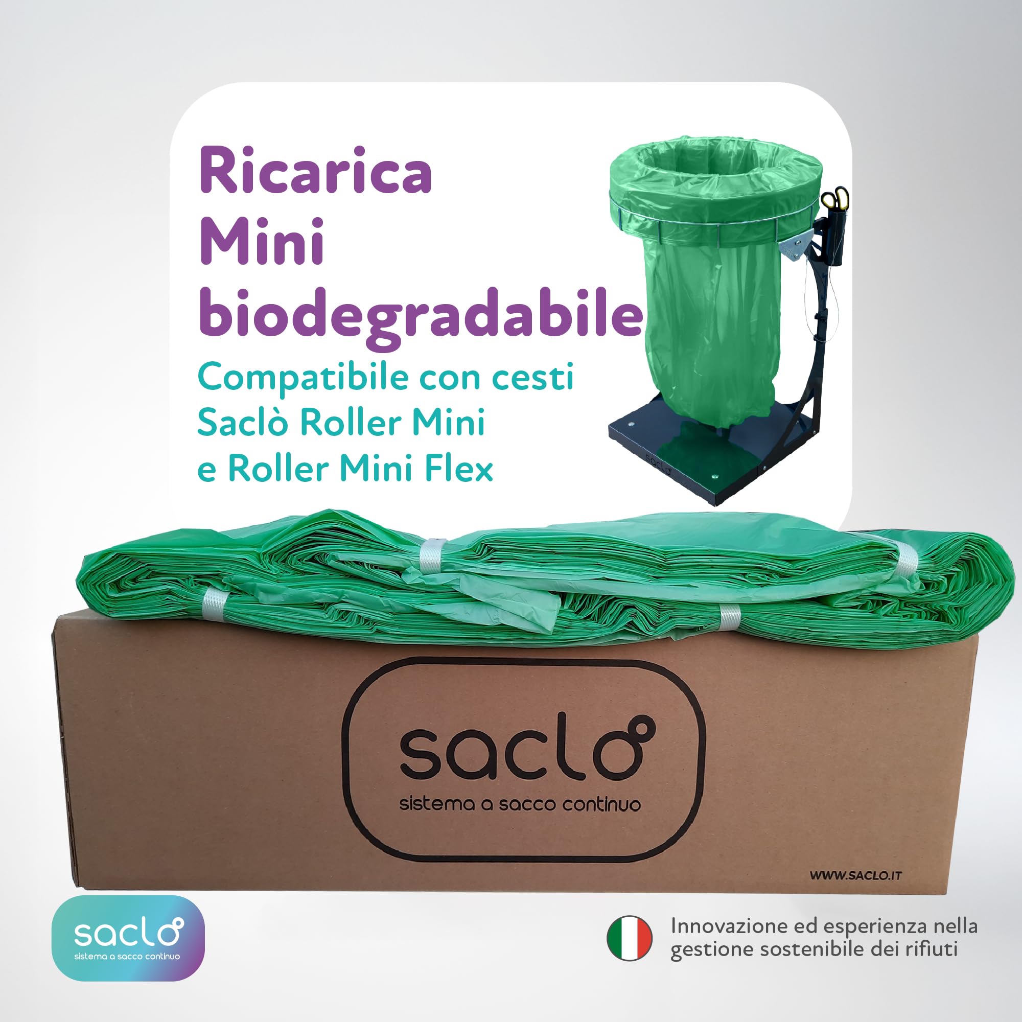 Ricarica Sacco Senza Fine 60 Metri, Compatibile con Cesti Roller Mini e Roller Mini Flex, Spessore 20 Micron BIODEGRADABILE