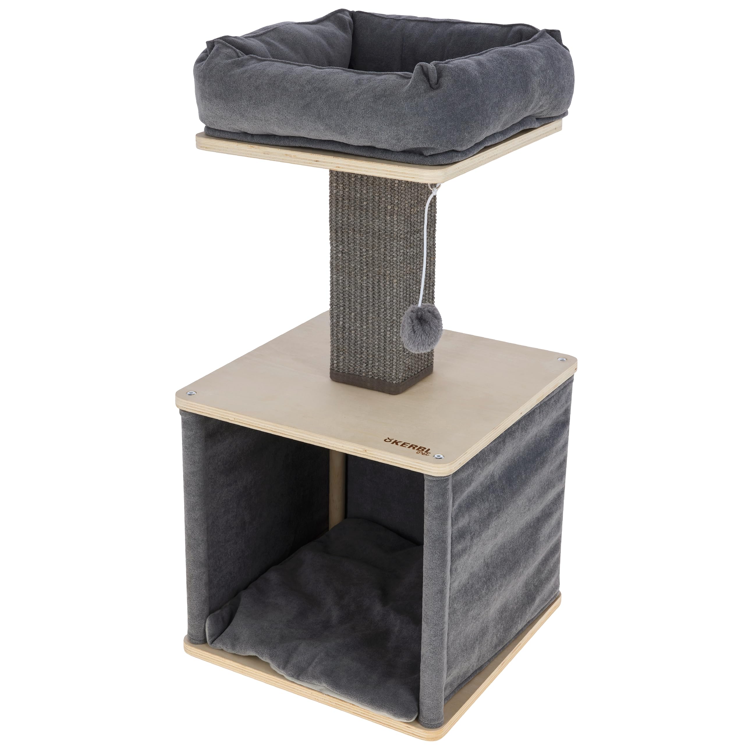 Kerbl Pet Árbol rascador Noah II, mueble rascador, gris/natural, 38 x 38 x 78 cm, madera maciza, para gatos y gatitos, con columna de sisal, cama lavable, diseño moderno