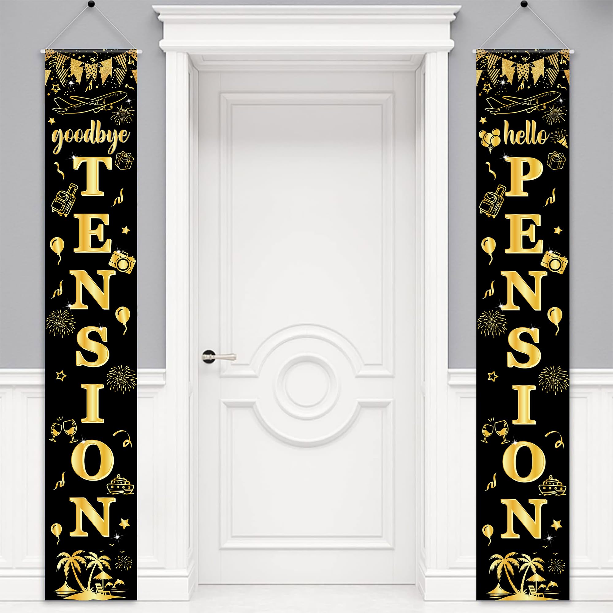 Retirement Party Decorations Door Banner - 2 Pcs Black Gold Door Banner Goodbye TENSION Hello PENSION Hanging Set for Men Women Happy Retirement Party Supplies, 180 x 30 cm