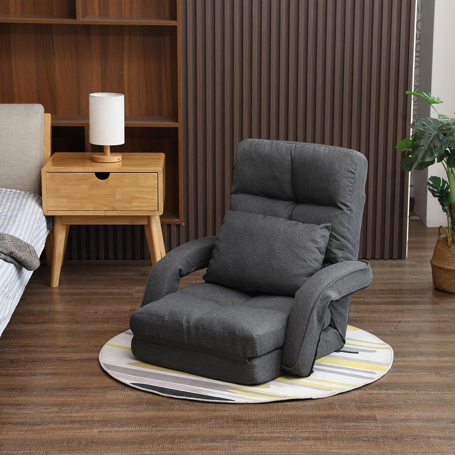 Indoor Floor Chair with Armrest and Pillow Folding Chaise Lounge Sofa 14-Position Adjustable Comfy Gaming Recliner Chair Padded Seats for Adults (Grey)