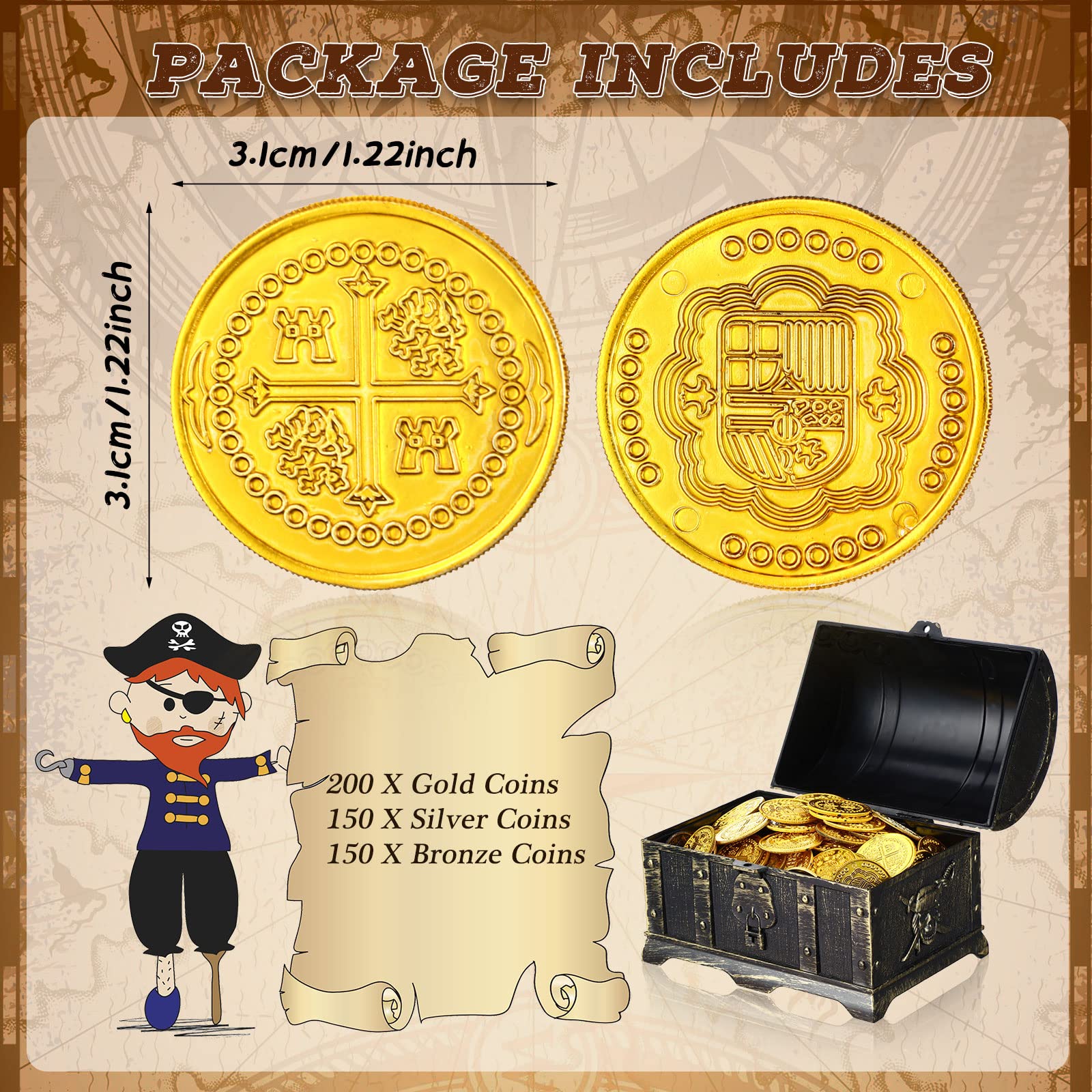 Hanaive 500 Pcs Pirate Coins Plastic Coins Replica Spanish Doubloons Kids Fake Play Coins for St. Patrick's Pirate Party Treasure Chest Board Games Tokens Toys Cosplay (Cross)