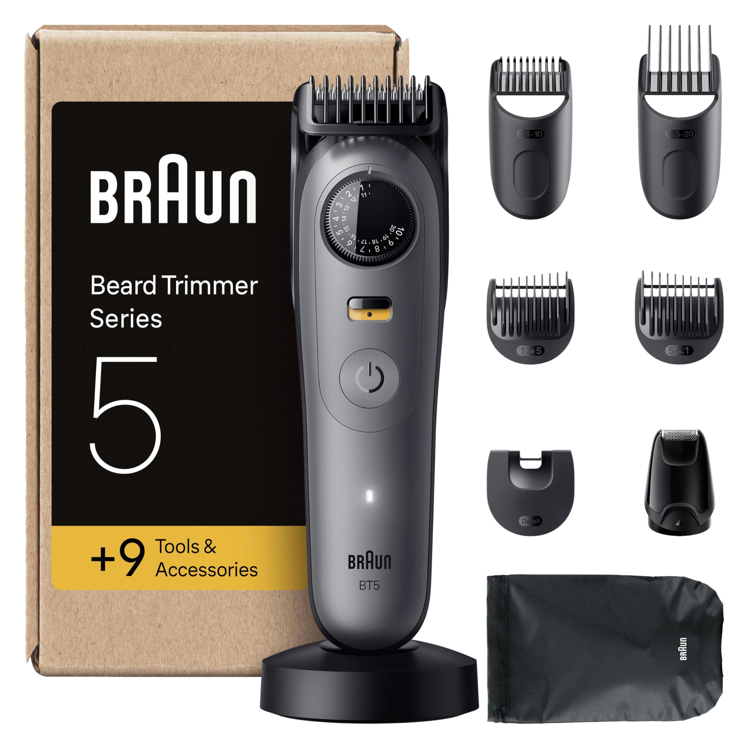 Braun Beard Trimmer Series 5, +9 Styling Tools, Ultra Sharp Blade, 120 Min Runtime, 40 Lengths, Waterproof, PrecisionWheel & Lock, BT5565, Grey