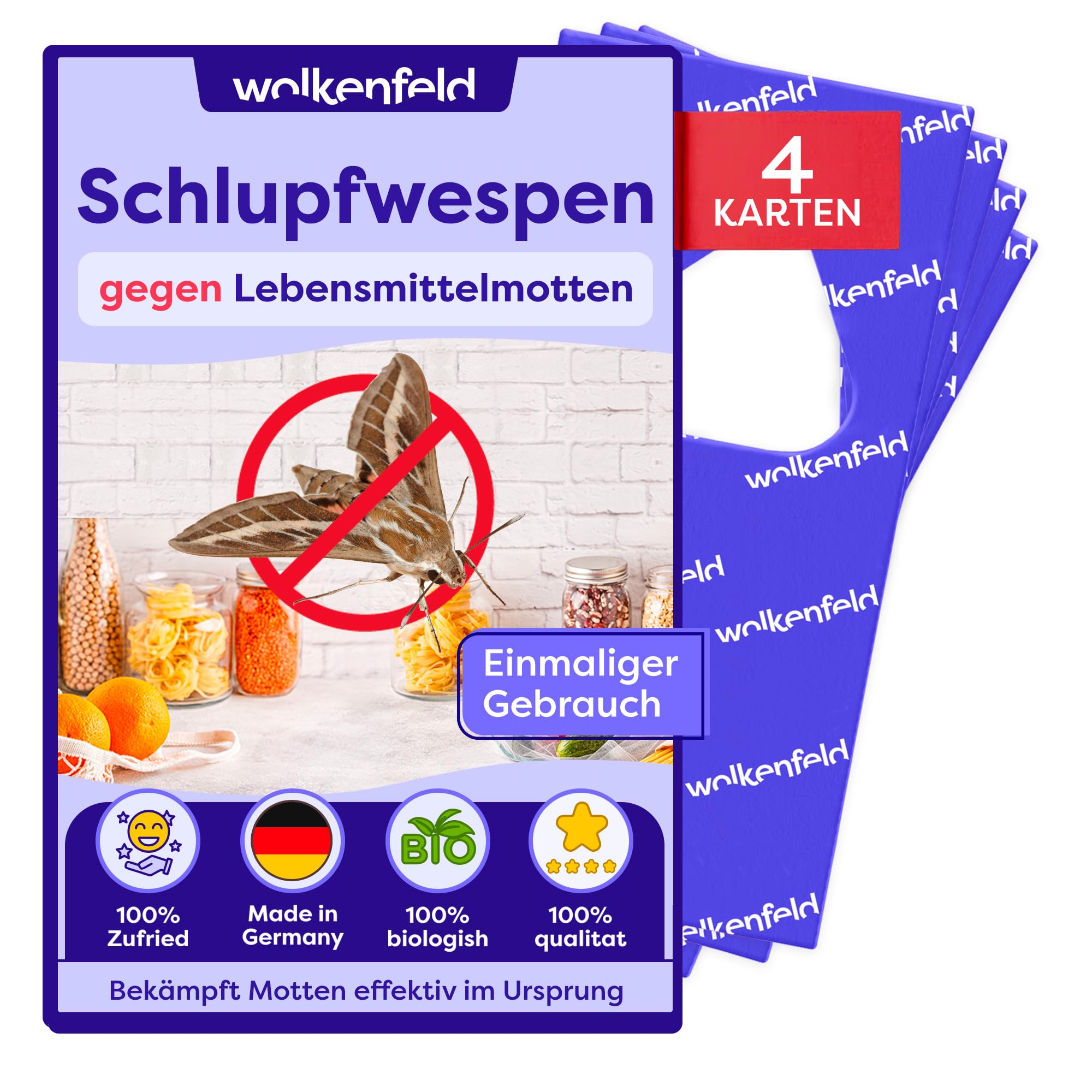 Wolkenfeld Schlupfwespen gegen Lebensmittelmotten – 4 Karten mit 1 Lieferung – Effektive & Chemiefreie Mottenbekämpfung – Natürliche Alternative zu Mottenfallen, Sprays & Pheromonfallen