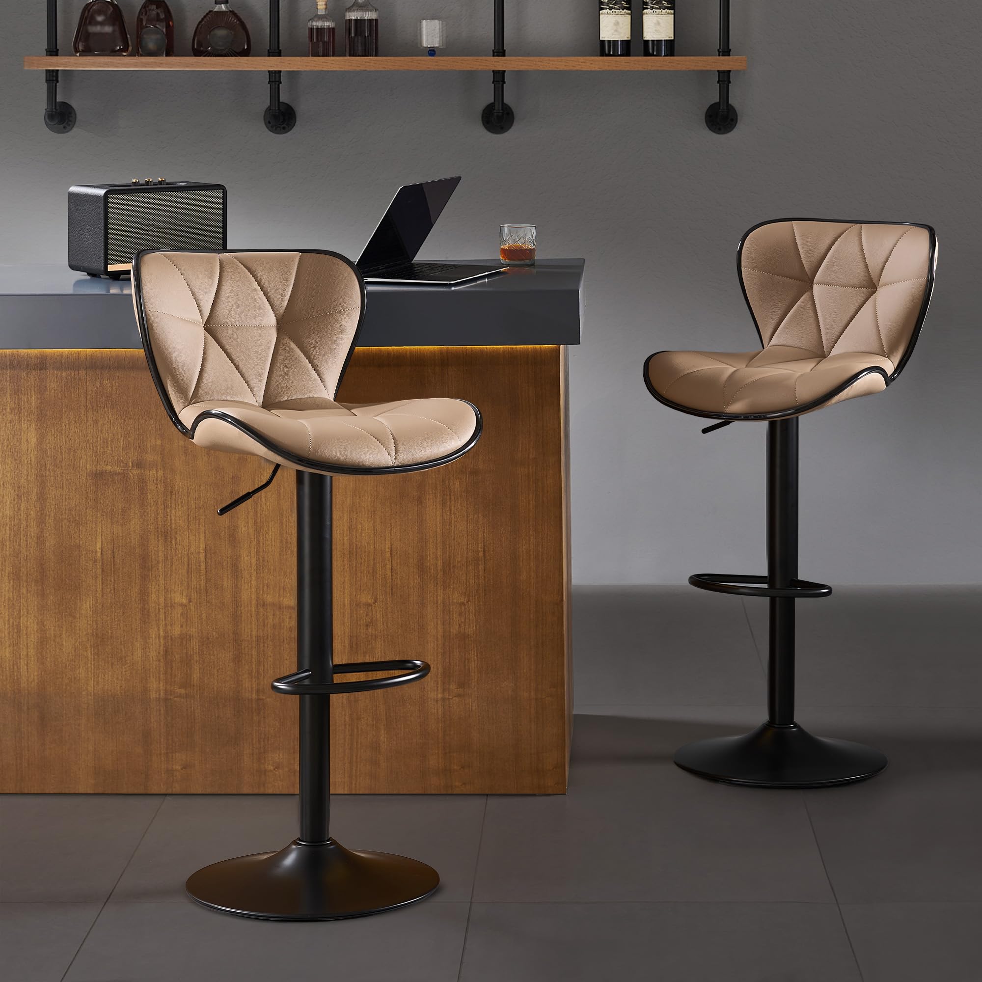 Nestvatto Bar Stools Set of 2, Modern Swivel Counter Height Bar Stools, Adjustable Leather Bar Chairs with Backrest, Upholstered Armless Bar Height Stools, Island Chairs for Kitchen Counter, Oatmeal