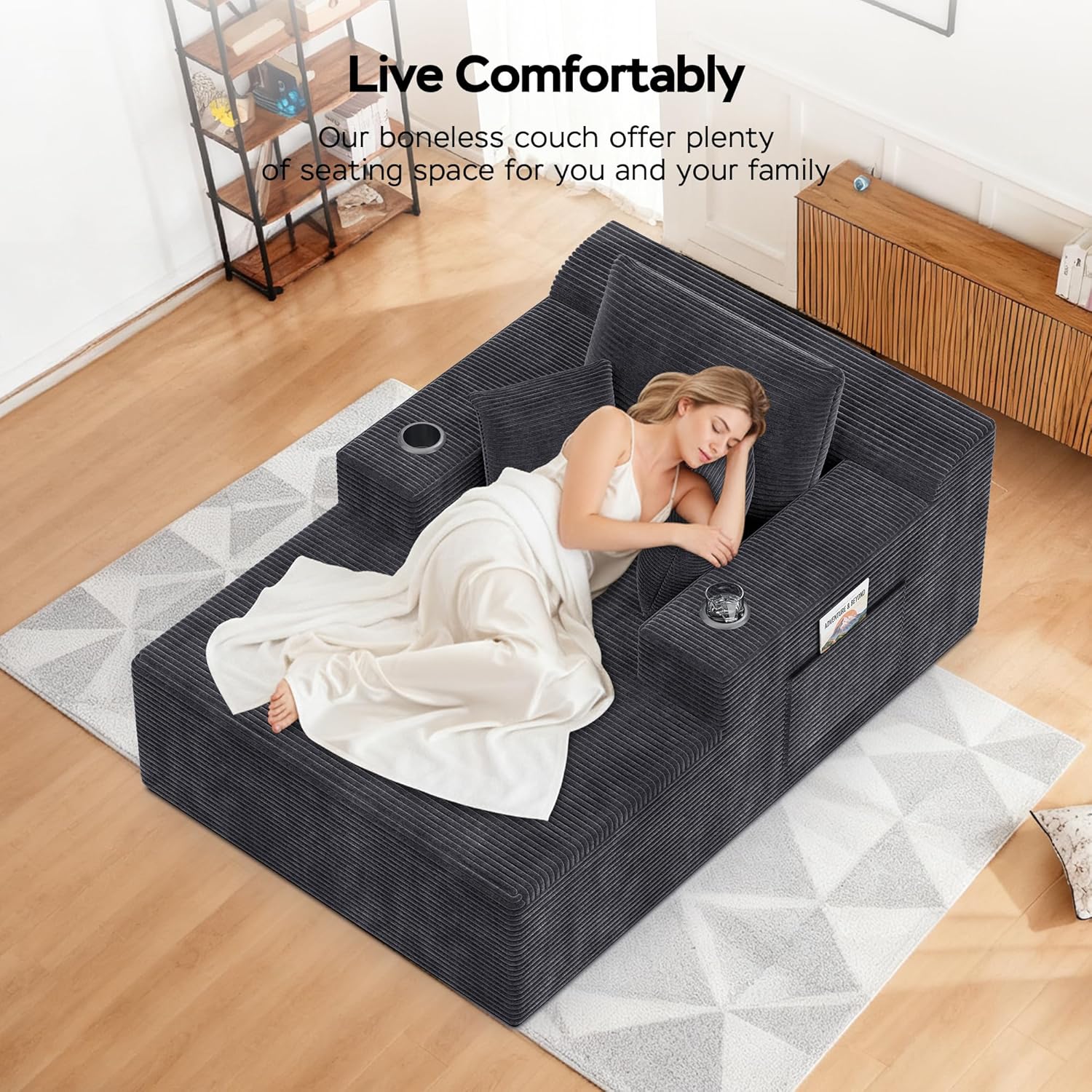 67" Oversized Chaise Lounge Chair, Cloud Couch, Corduroy Couch with Removable Pillows & Side Pockets, No Assembly Required, Sofa Bed with Armrests, Boneless Couches for Living Room, Gray