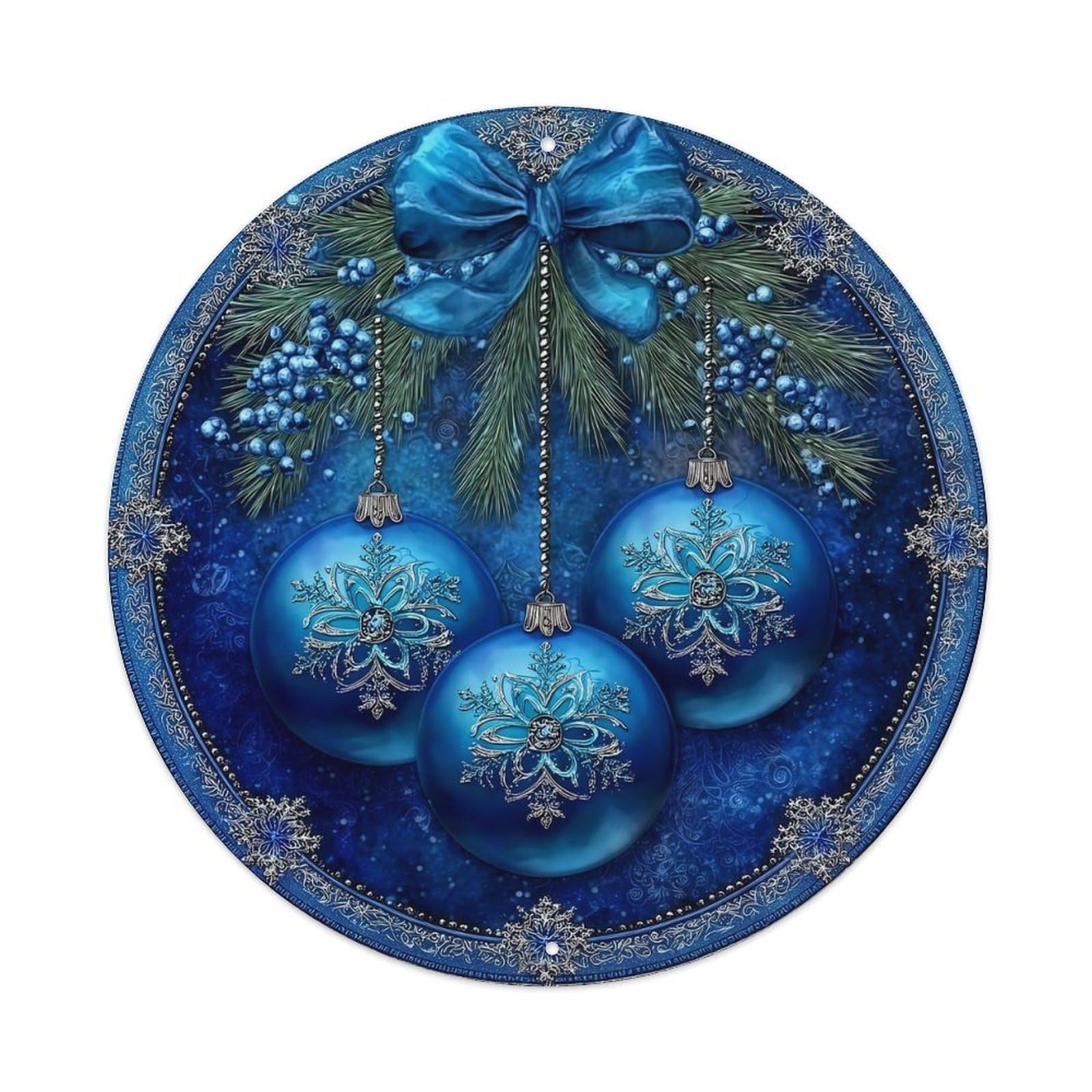 Blue Christmas Ornaments Snowflakes Pine Round Tin Sign Retro Metal Sign for Cafe Bar Pub Home Game Room Gym Club Wall Decoration Vintage Metal Poster 8x8 Inch