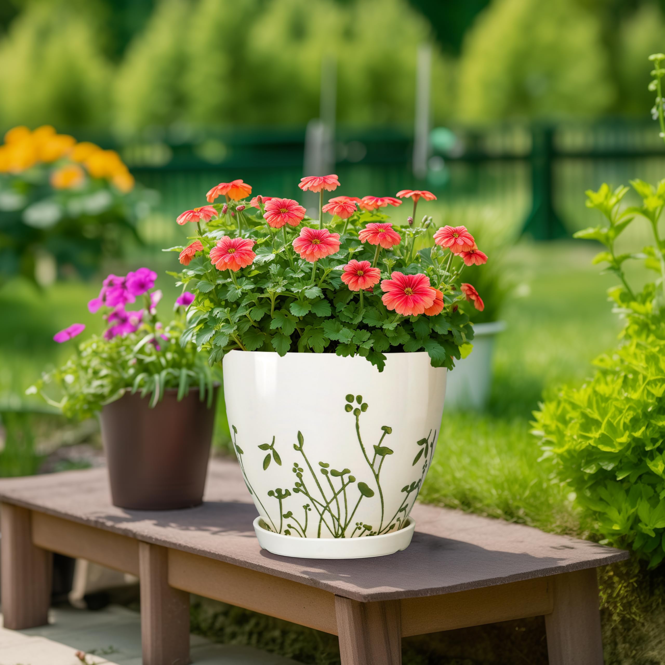 Set Of 3 Boho Ceramic Plant Pots With Saucers – 6, 8 & 10 Inch Round Indoor/Outdoor Flower Pots, White, With Drainage Holes