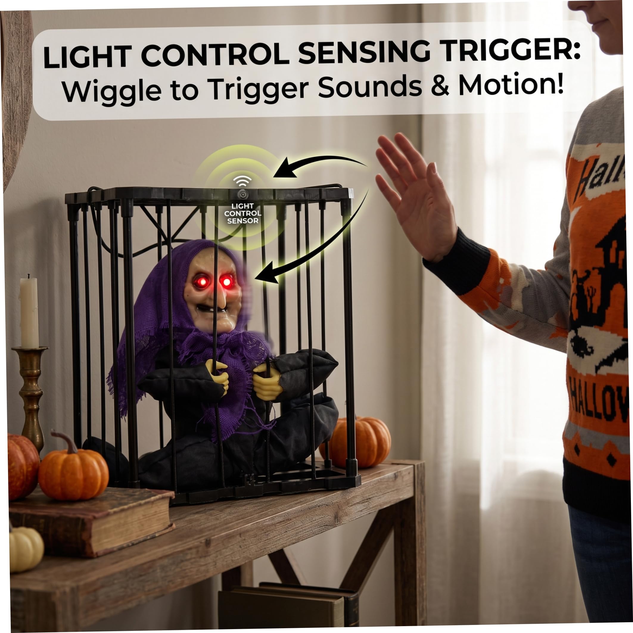 Decorazioni di Halloween attivate dal movimento con luce rossa e suono