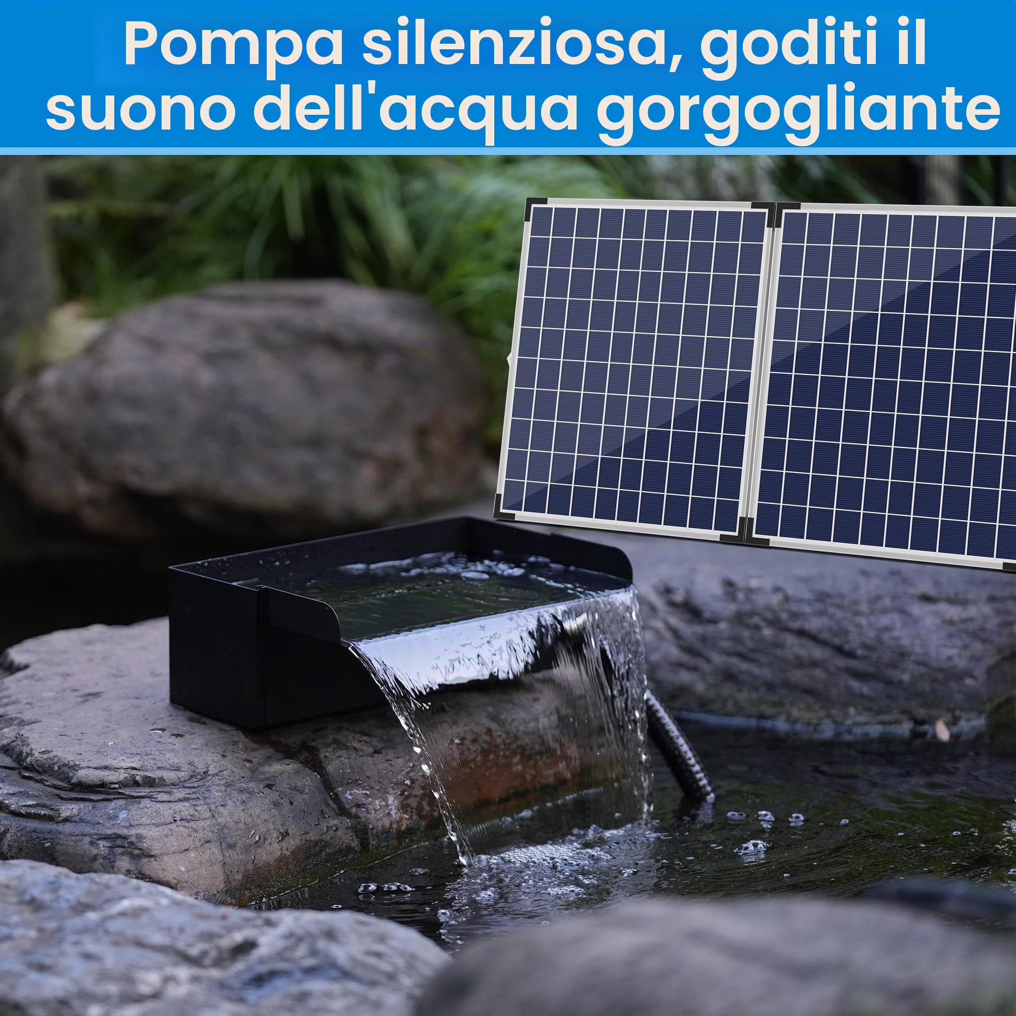 Biling Set completo a cascata solare, 20 cm, in acciaio inox, con pompa da 2100 l/h, cascata di ruscello per giardino, gioco d'acqua, terrazzo