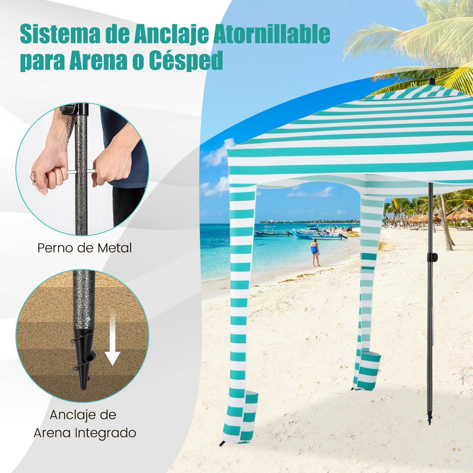 GOPLUS Tienda de Playa, 183x183x240cm Sombrilla de Playa Ajustable en Altura con Pared Lateral Desmontable, 8 Sacos de Arena y Bolsa de Transporte, Protección Solar para Camping Picnic Pesca (Verde)