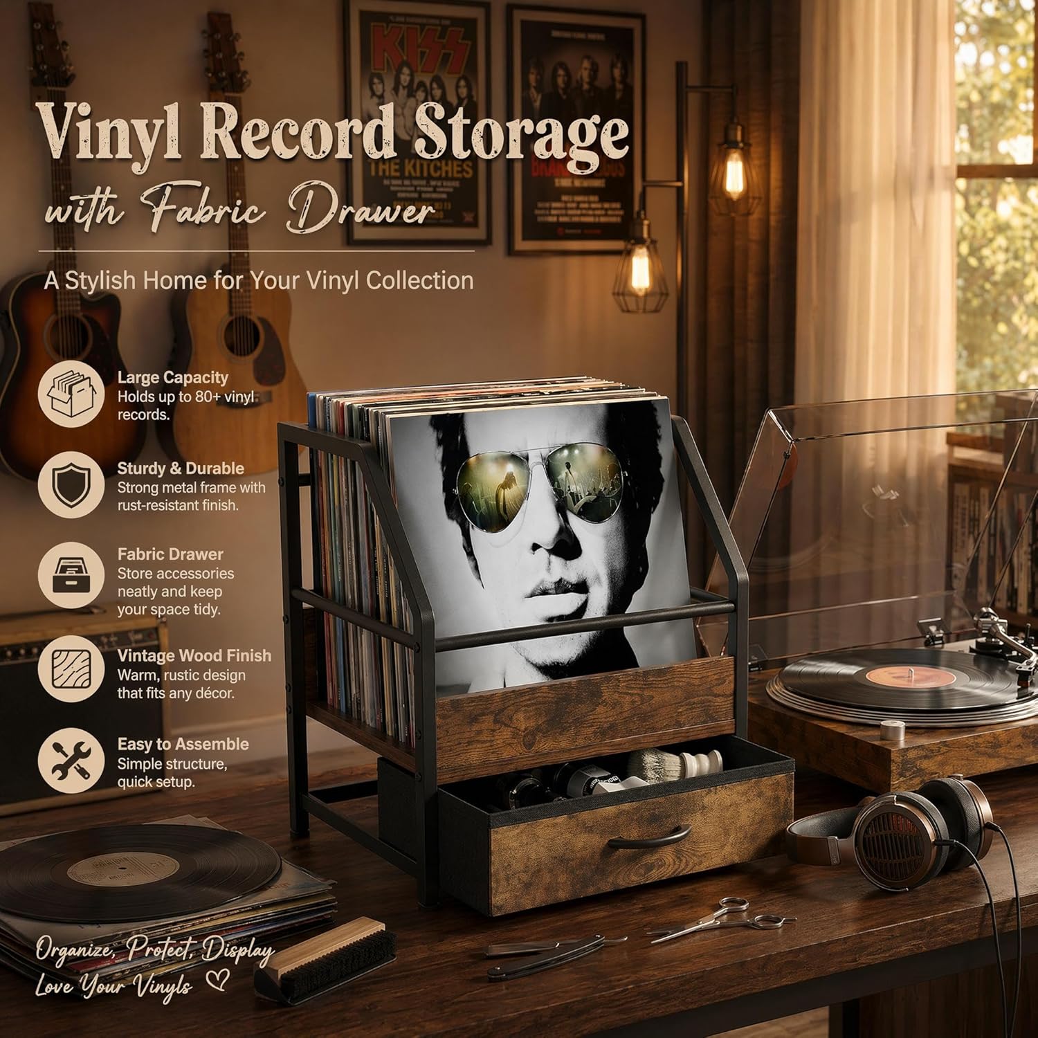 Vinyl Record Storage with Fabric Drawer, Vinyl Record Box Case Crate, Record Album Holder, Desktop Metal & Wooden LP Record Crate (Art Deco)