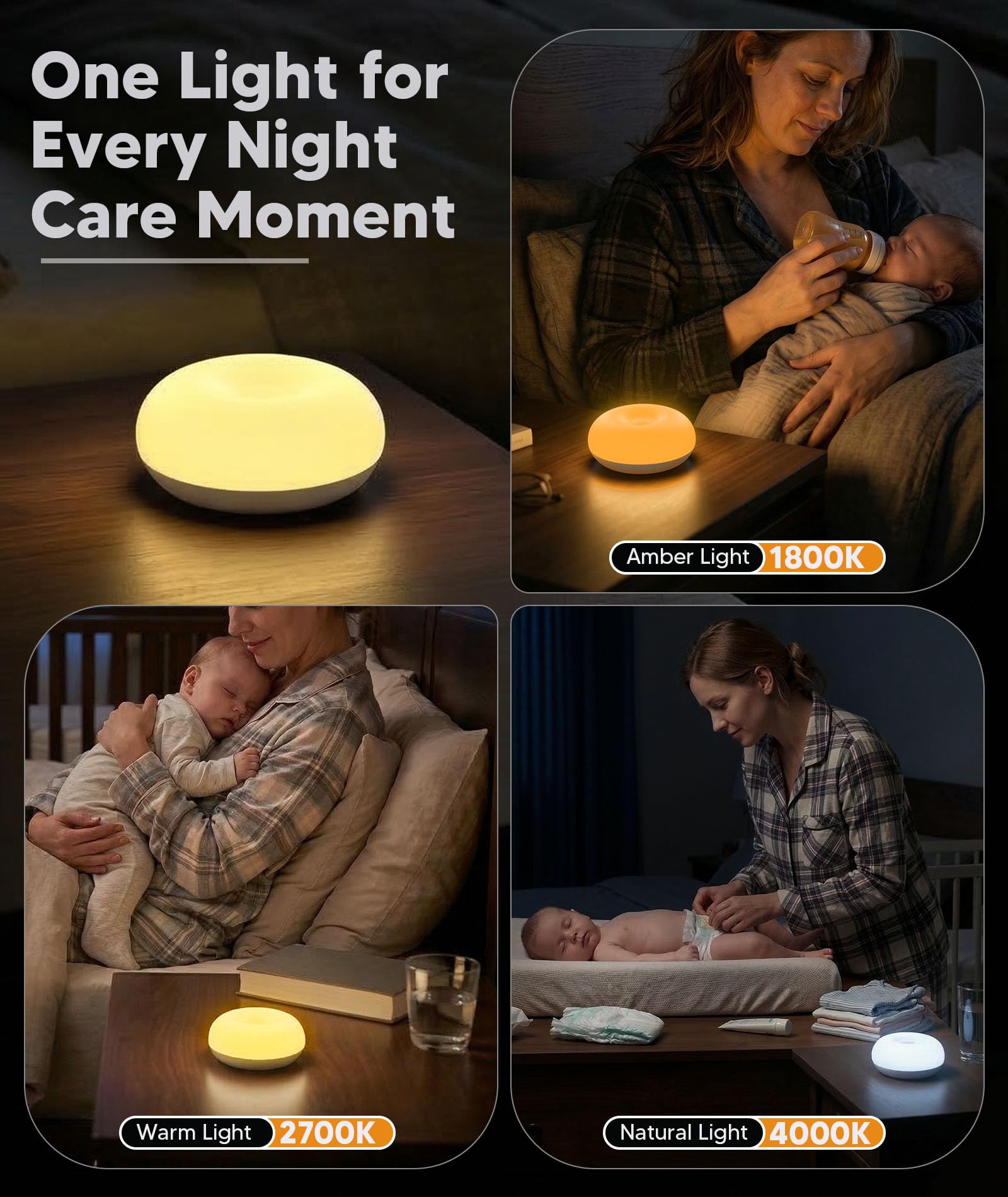 Bakzon Luce notturna per bambini, senza luce blu, lampada da notte per l'allattamento al seno, morbida luce notturna in silicone senza BPA con temperatura a 3 colori, cura degli occhi, design a