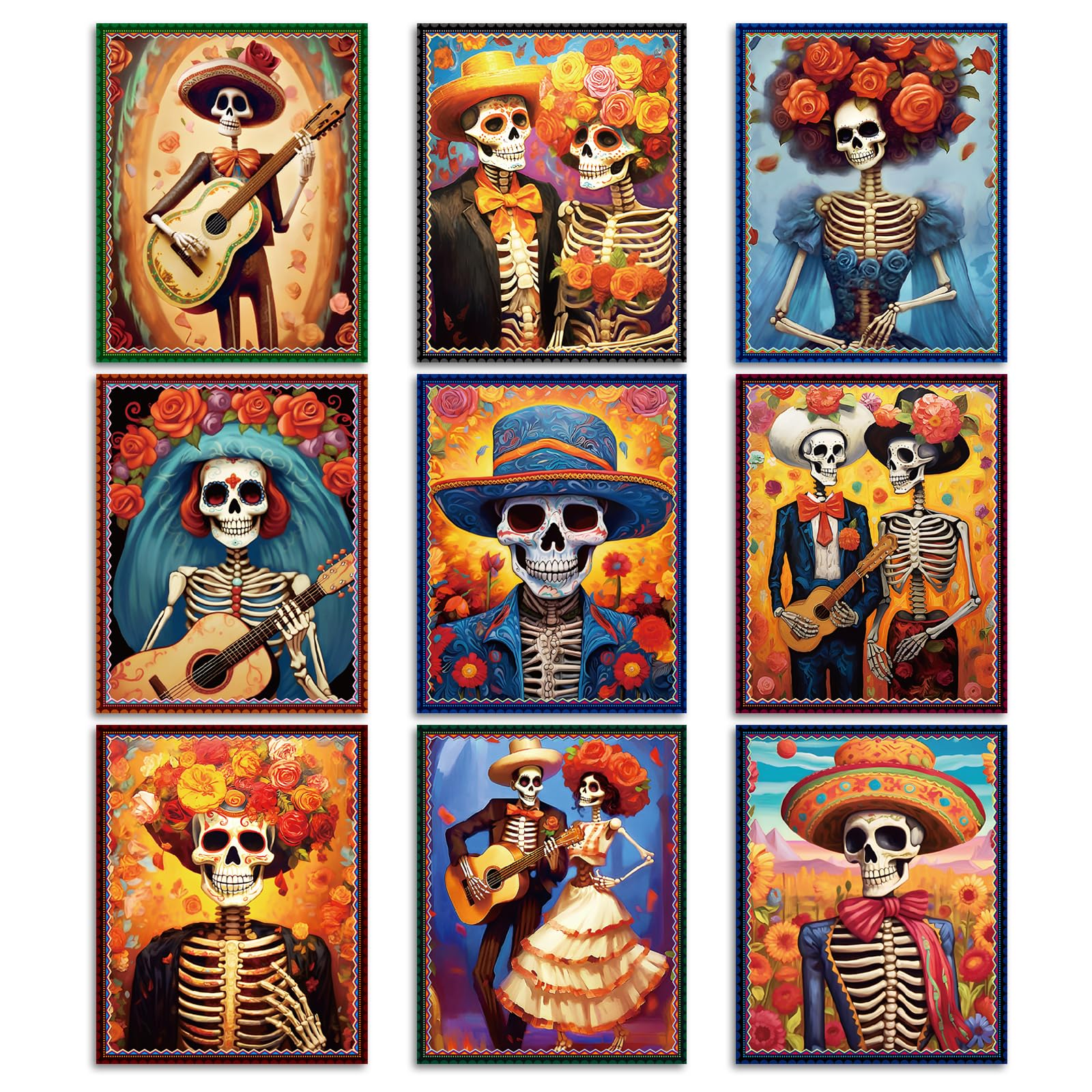 Day of The Dead Poster - 9 Piece Day of the Dead Decorations Sugar Skull Wall Art Sugar Skull Art Print for Mexico Day Day of the Dead Halloween Wall Decor Living Room Decor