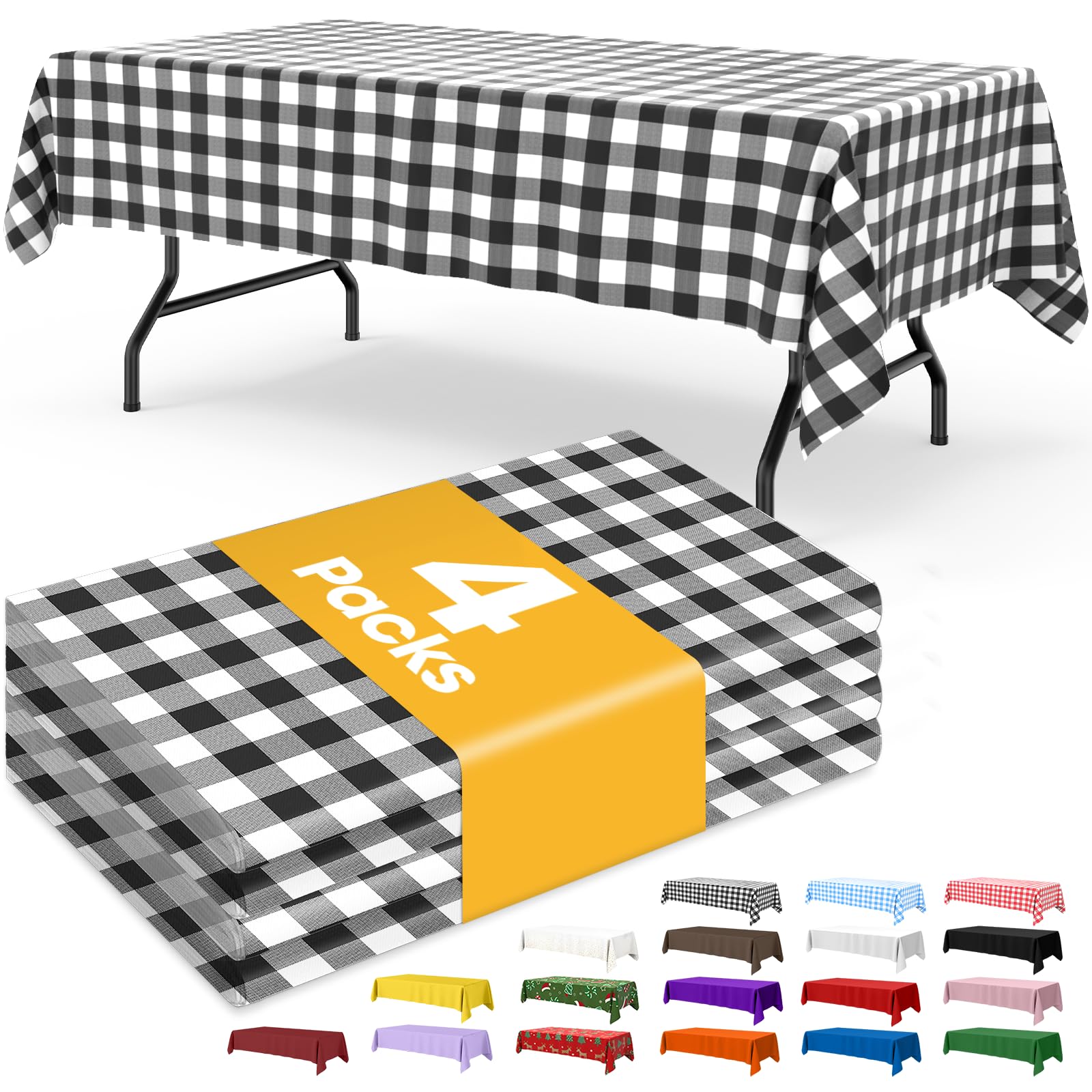 Niuara Black Checkered Plastic Table Cloth Disposable, 4 Pack, 54 x 108 in
