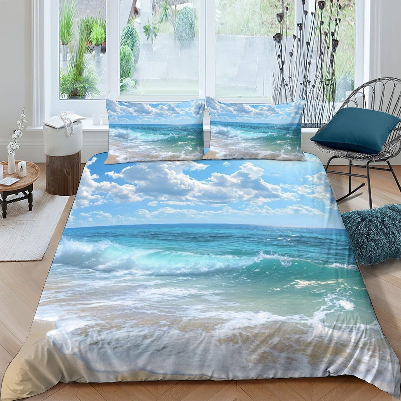 Ctjqhvkz Style-1 3D Printed Ocean Wave Fitted Sheet Microfiber Soft Blue Sky Beach Mattress Cover For Bedroom Guest Room Decor Protection Single（135X200cm）