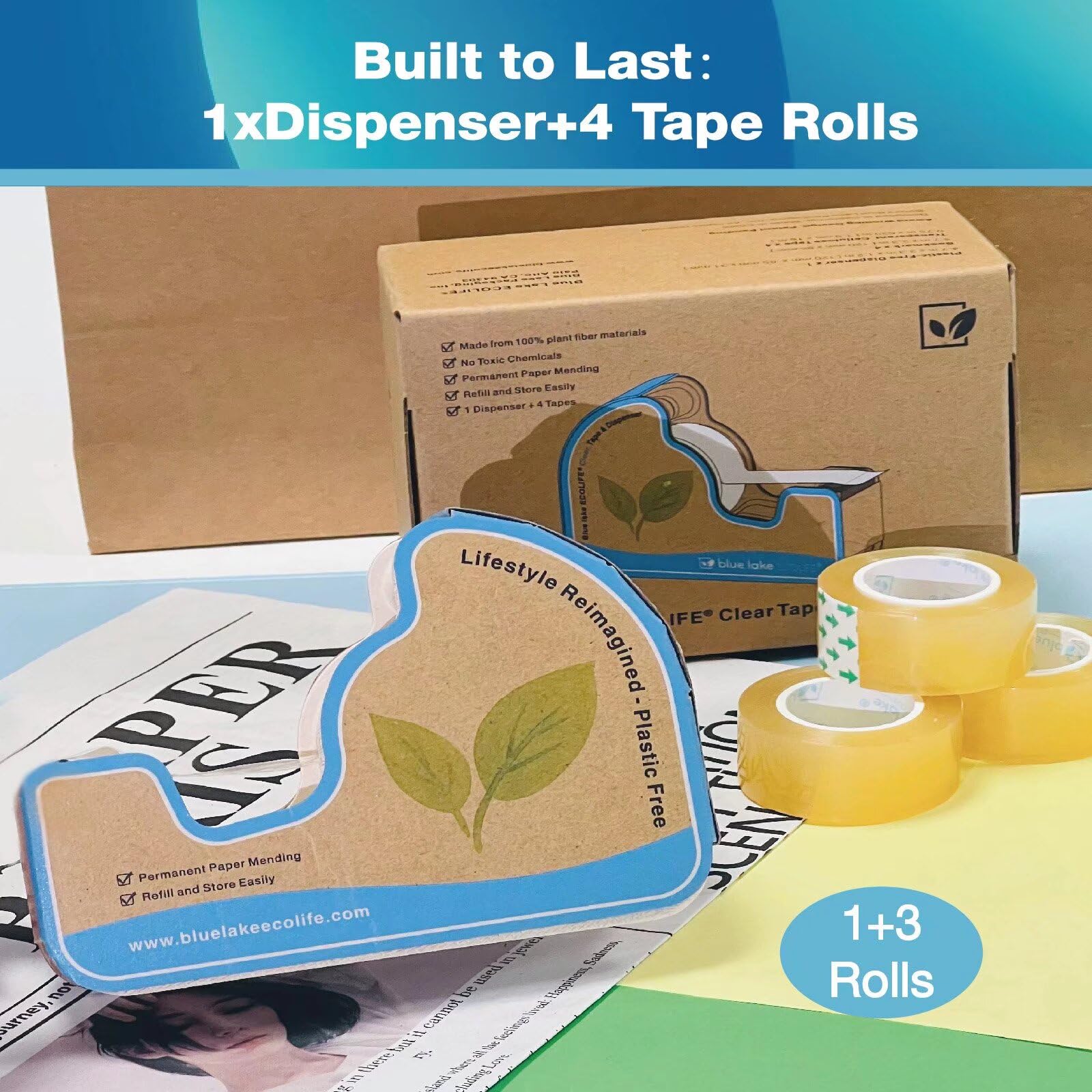 Blue Lake Dispensador de cinta con 4 rollos de cinta transparente de 3/4 x 630 pulgadas, dispensador de cinta para oficina, hogar, escuela