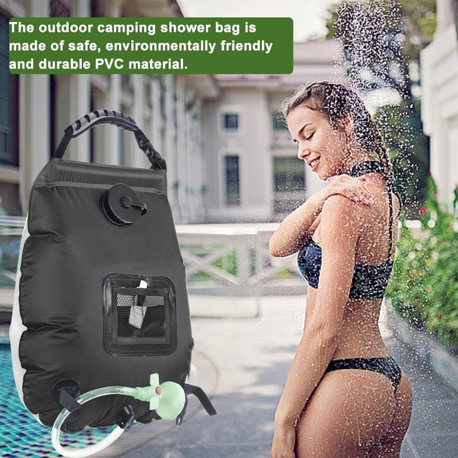 Douche d'extérieur portable 20 l Sac de douche solaire avec pommeau de douche et tuyau | Douche de camping portable pour camping, extérieur, maison, voyage, jardin, balcon, camping-car, glamping