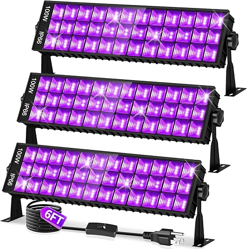 Paquete de 3 barras de luz negra mejoradas de 100 W, luz de inundación de luz negra con 104 LED enchufe+interruptor+cable de alimentación de 5 pies,