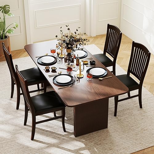 Miniatura 9 de Juego de 4 sillas de comedor de madera, sillas de cocina tapizadas con asiento de piel sintética, respaldo alto de listones y marco de madera de