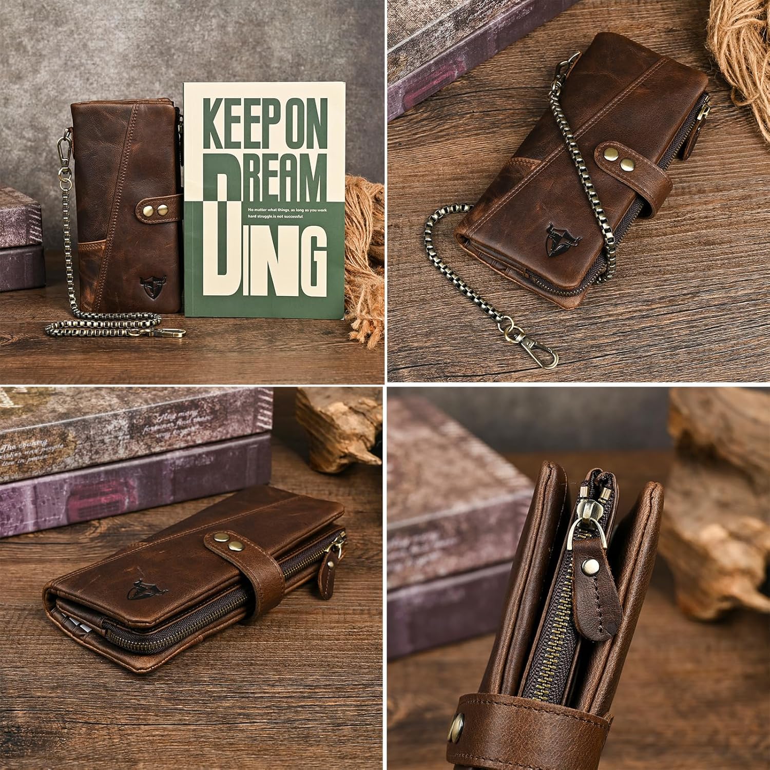 Genuine Crazy Horse Leather Travel Gift Coin Pocket Card Case Long Organizer Chain Rfid Wallet Purse With Snap For Men Male 1803 1815 (1803 Coffee) - Image 5