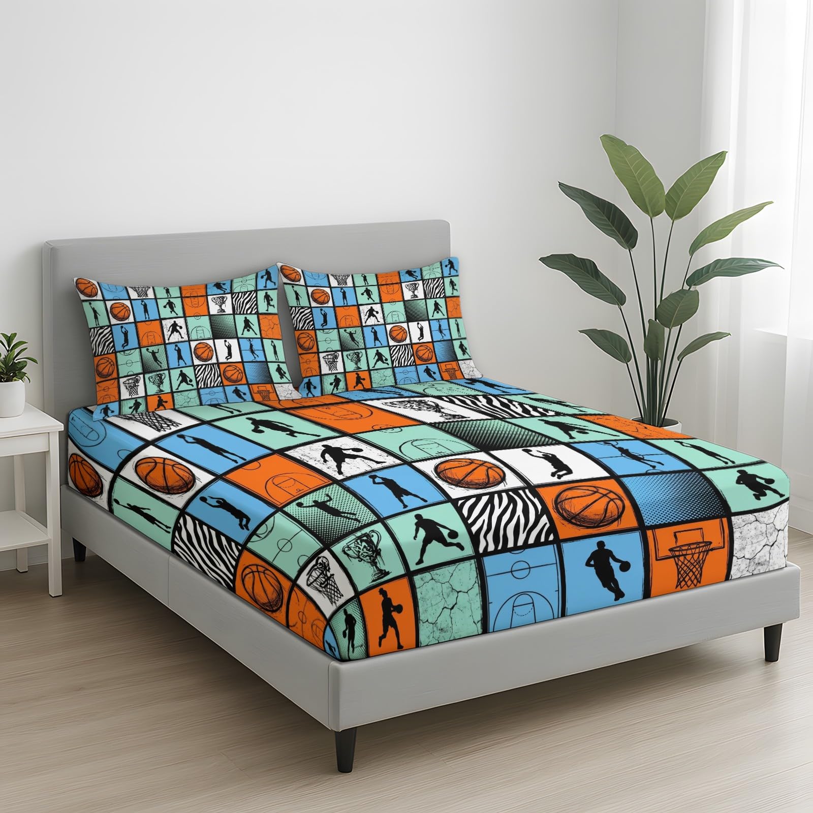Pojedyncze prześcieradło z gumką, 90 x 190 cm, styl uliczny, dla sportowców, boisko sportowe, z głęboką kieszenią, głębokość 30 cm, zestaw pościeli z miękkiej mikrofibry, łatwe w pielęgnacji
